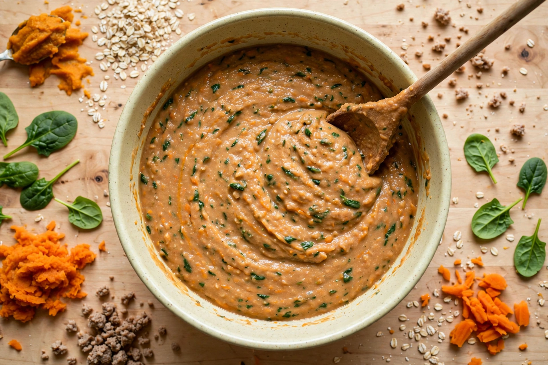 Bowl of freshly made soft turkey and pumpkin dog food mash with a wooden spoon