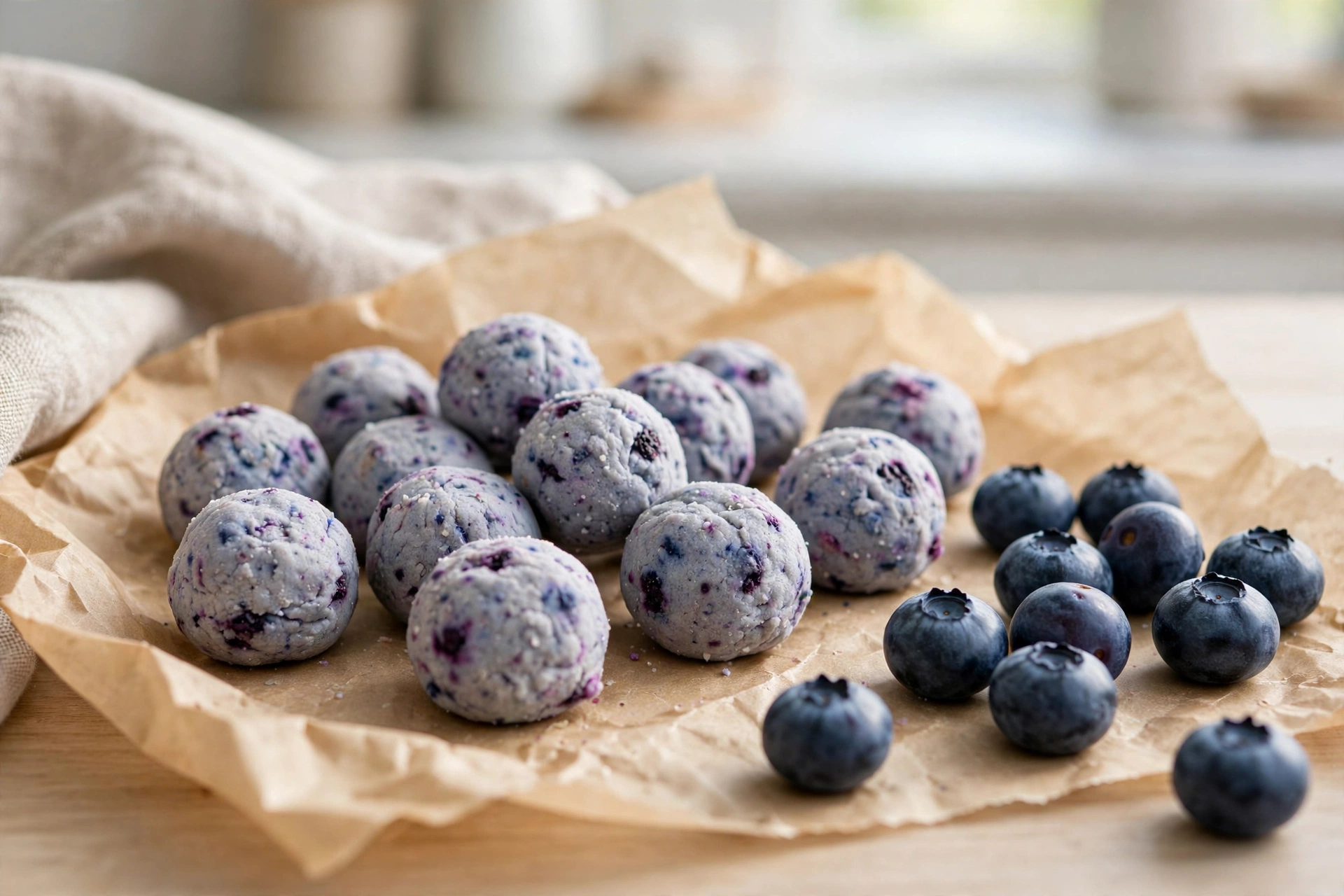 Soft blueberry dog treat bites on parchment paper