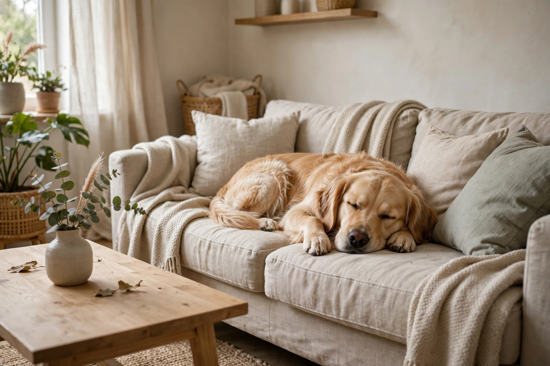 Relaxed dog resting peacefully on a sofa in a calm, quiet living room