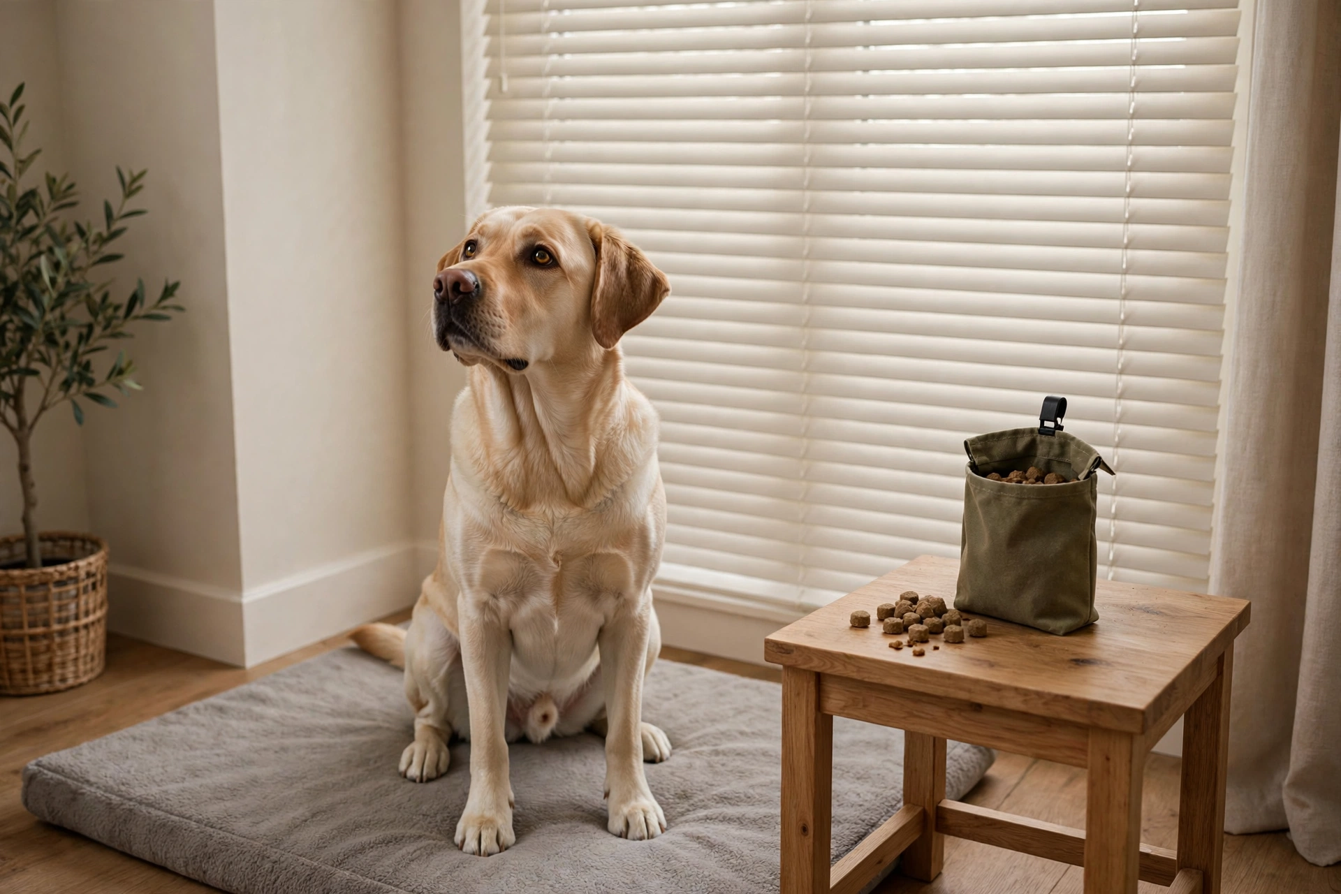 Dog training setup with treat pouch in a distraction-free practice zone
