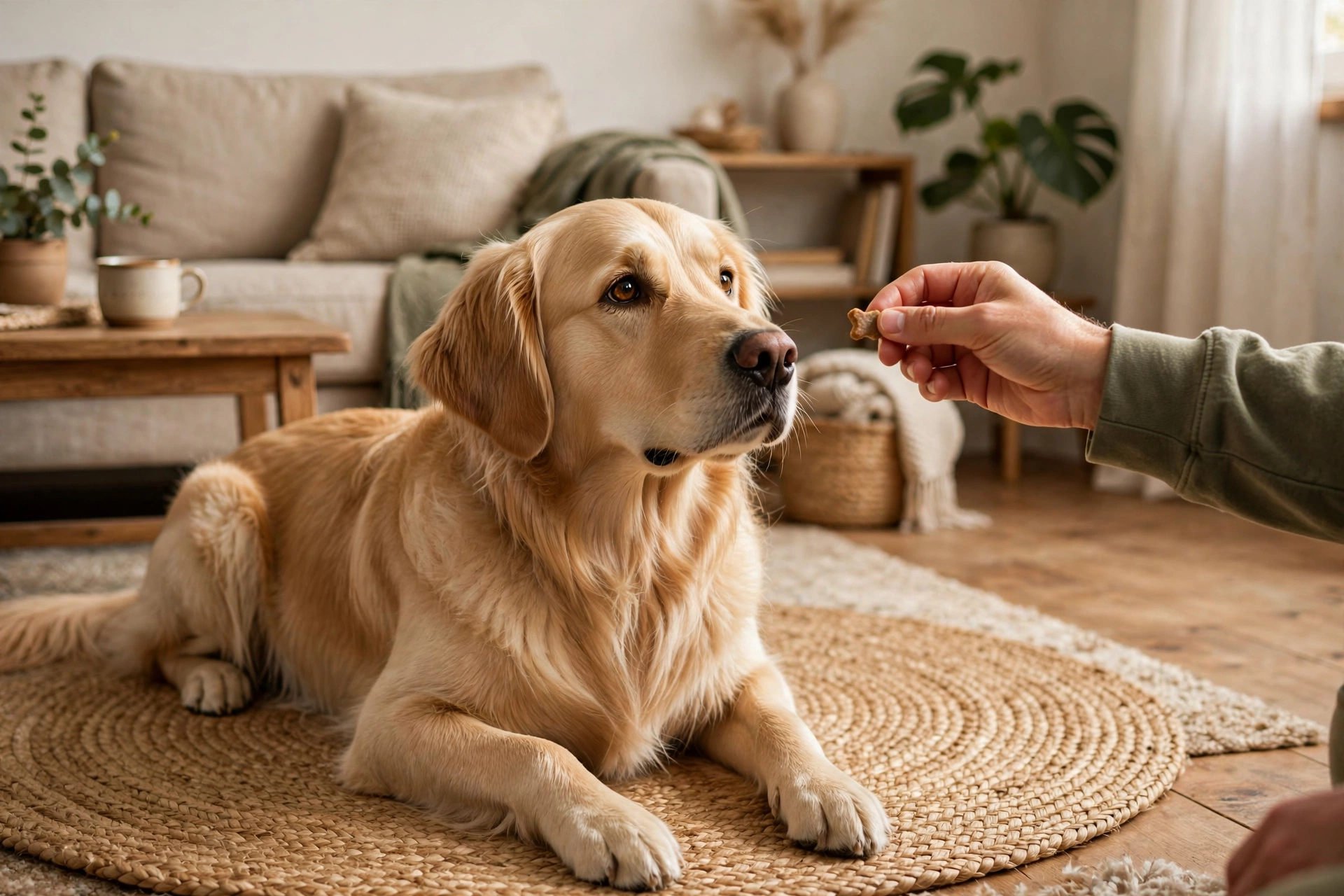 Dog settling on a mat receiving a treat during calm quiet command training