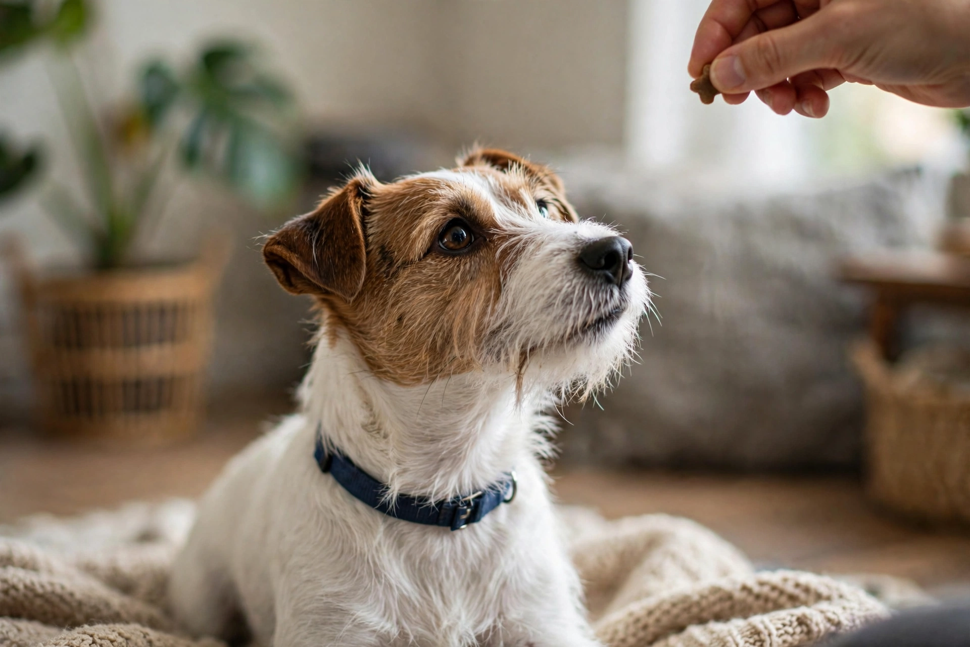 Terrier pausing its barking while the owner gives a quiet hand signal
