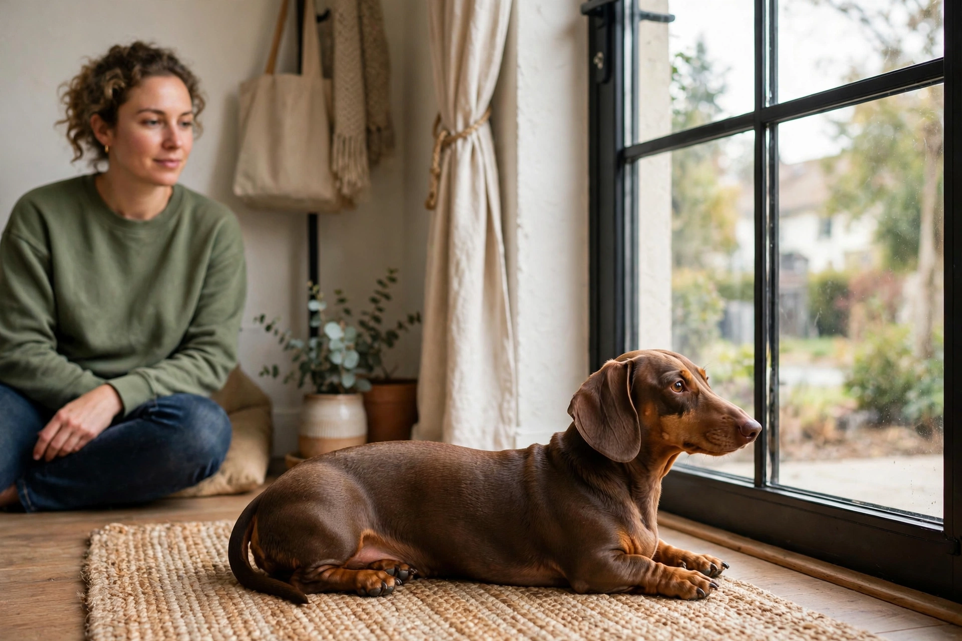 Dachshund holding a quiet stay near a window for several seconds