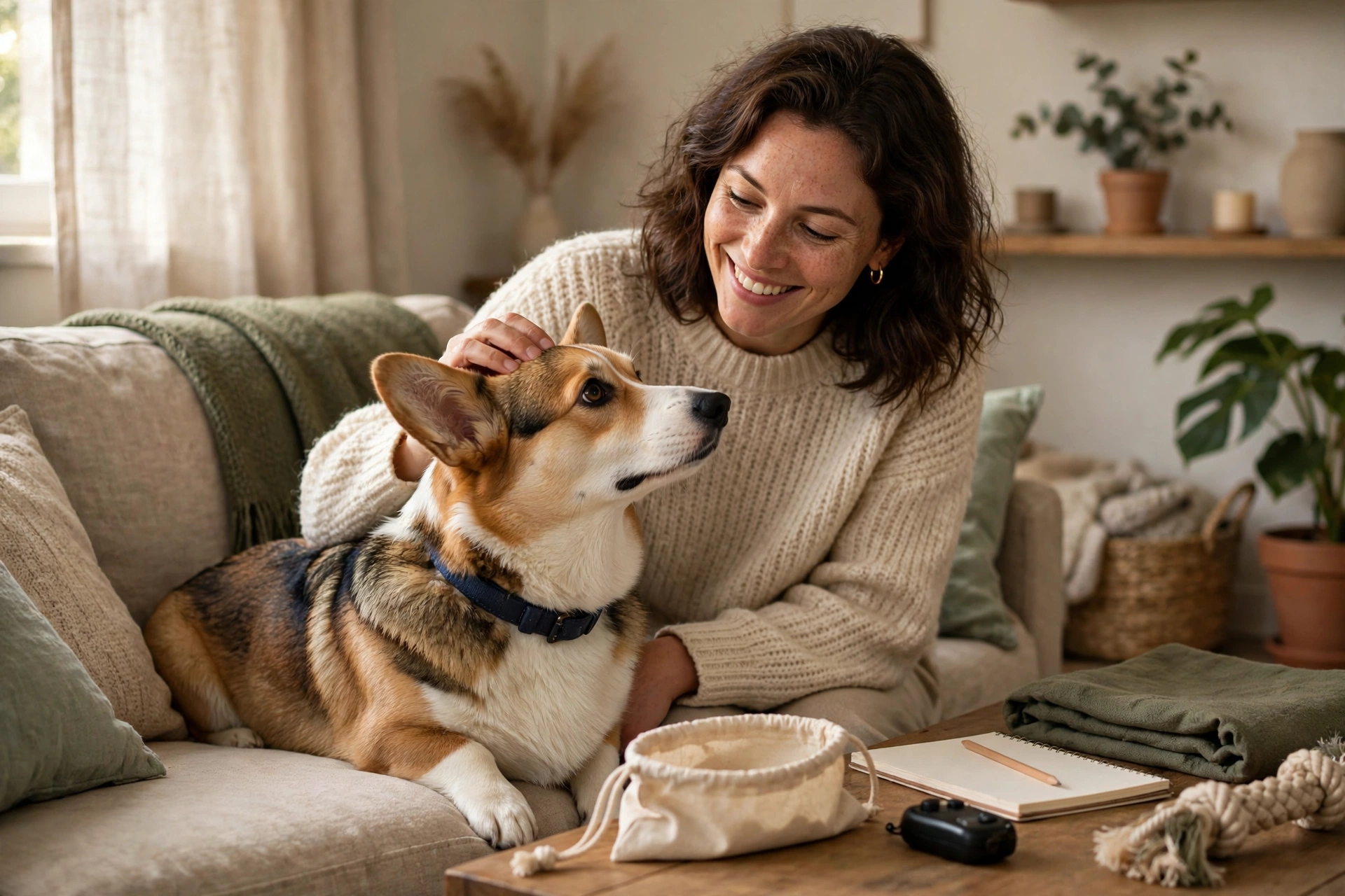 Owner praising a calm corgi with a head pat while fading treat rewards