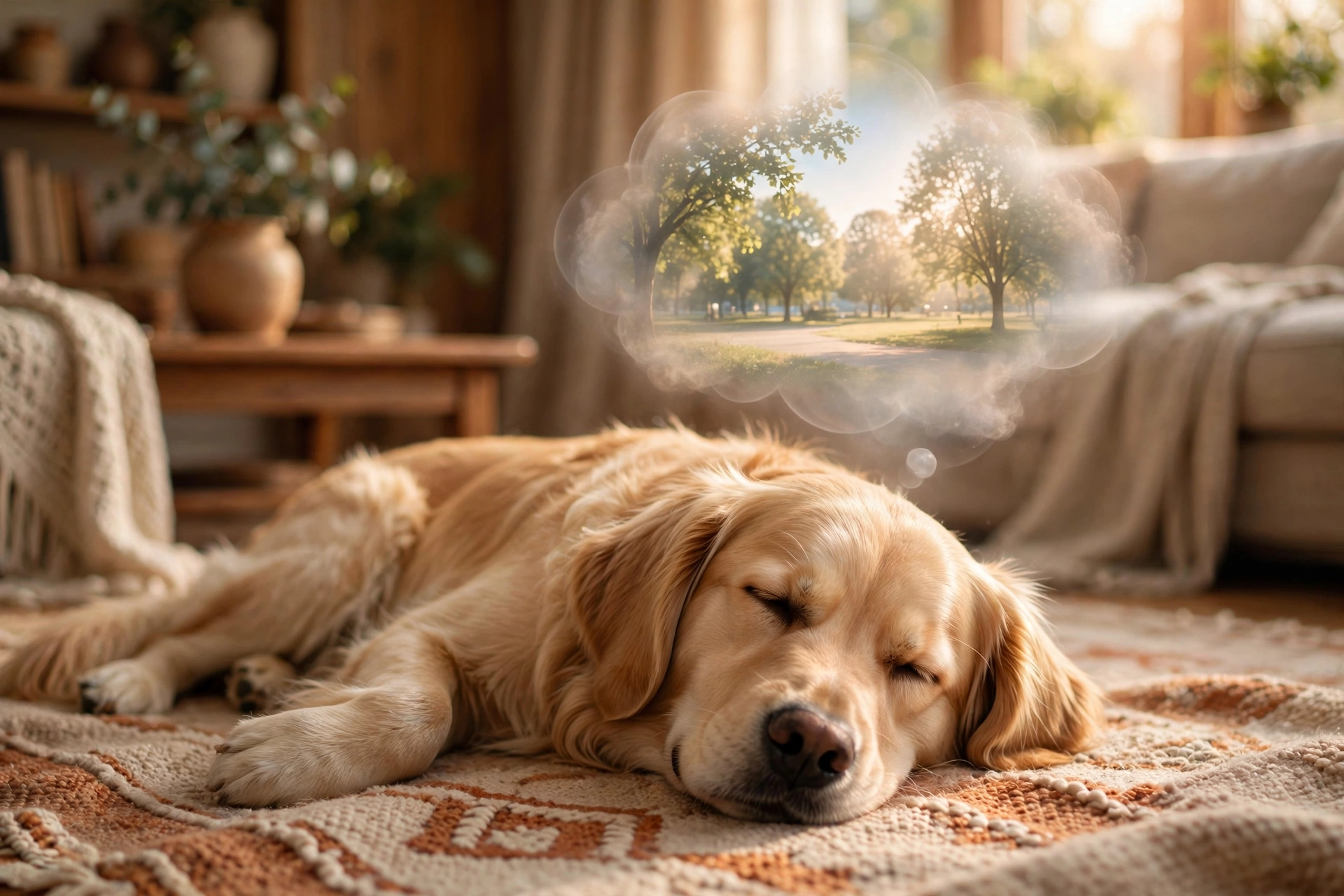 Golden retriever sleeping deeply in REM sleep, dreaming