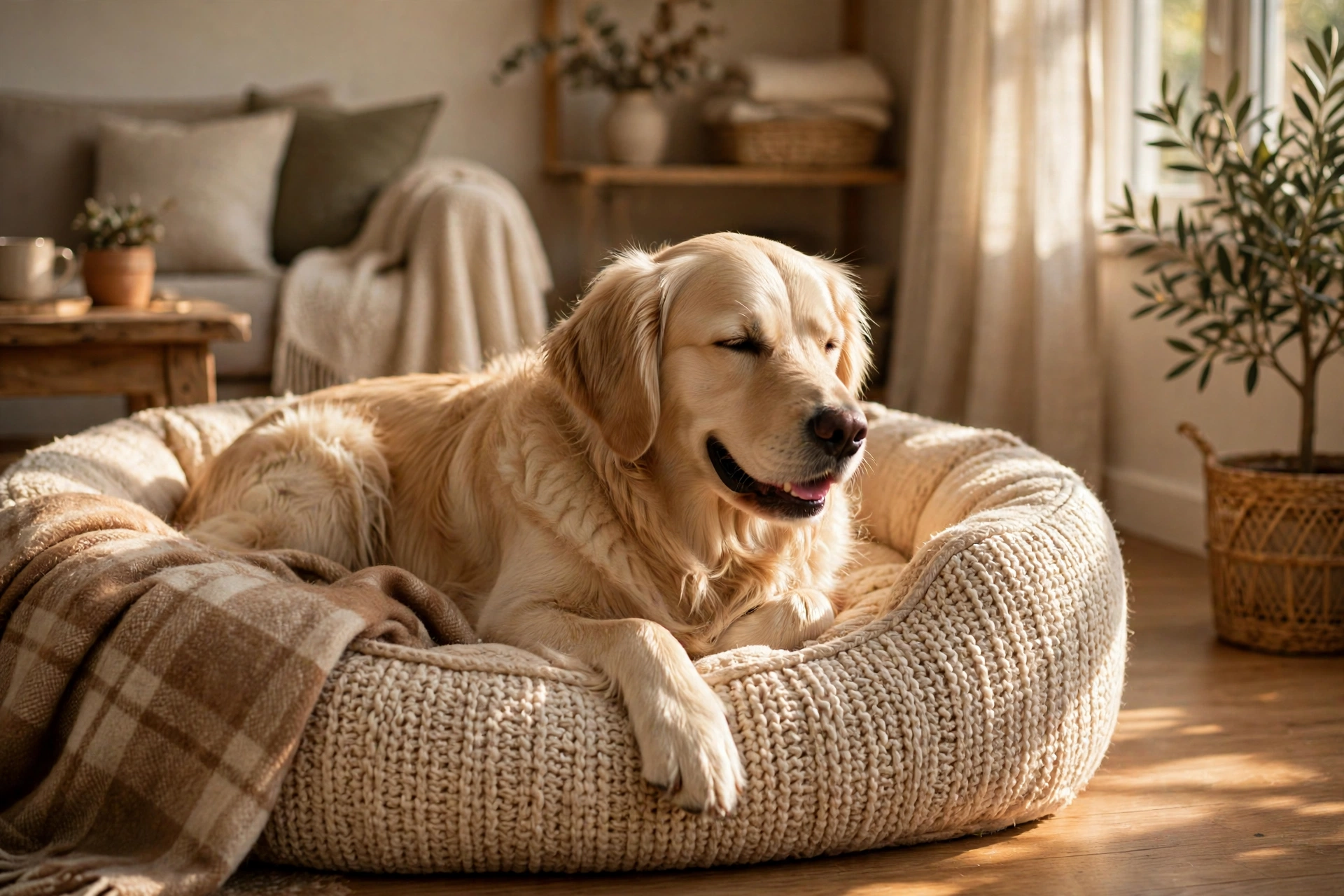 Golden retriever groaning contentedly while settling into a cozy dog bed