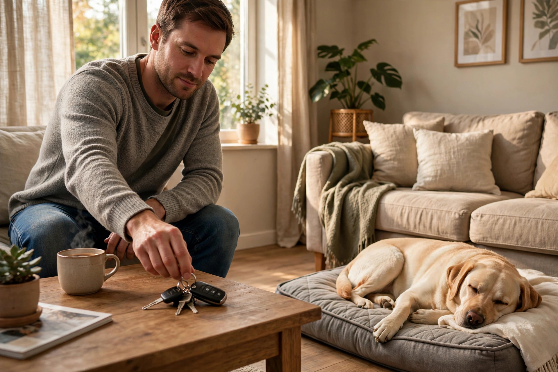 Owner calmly picking up keys while dog relaxes on its bed, desensitizing departure cues