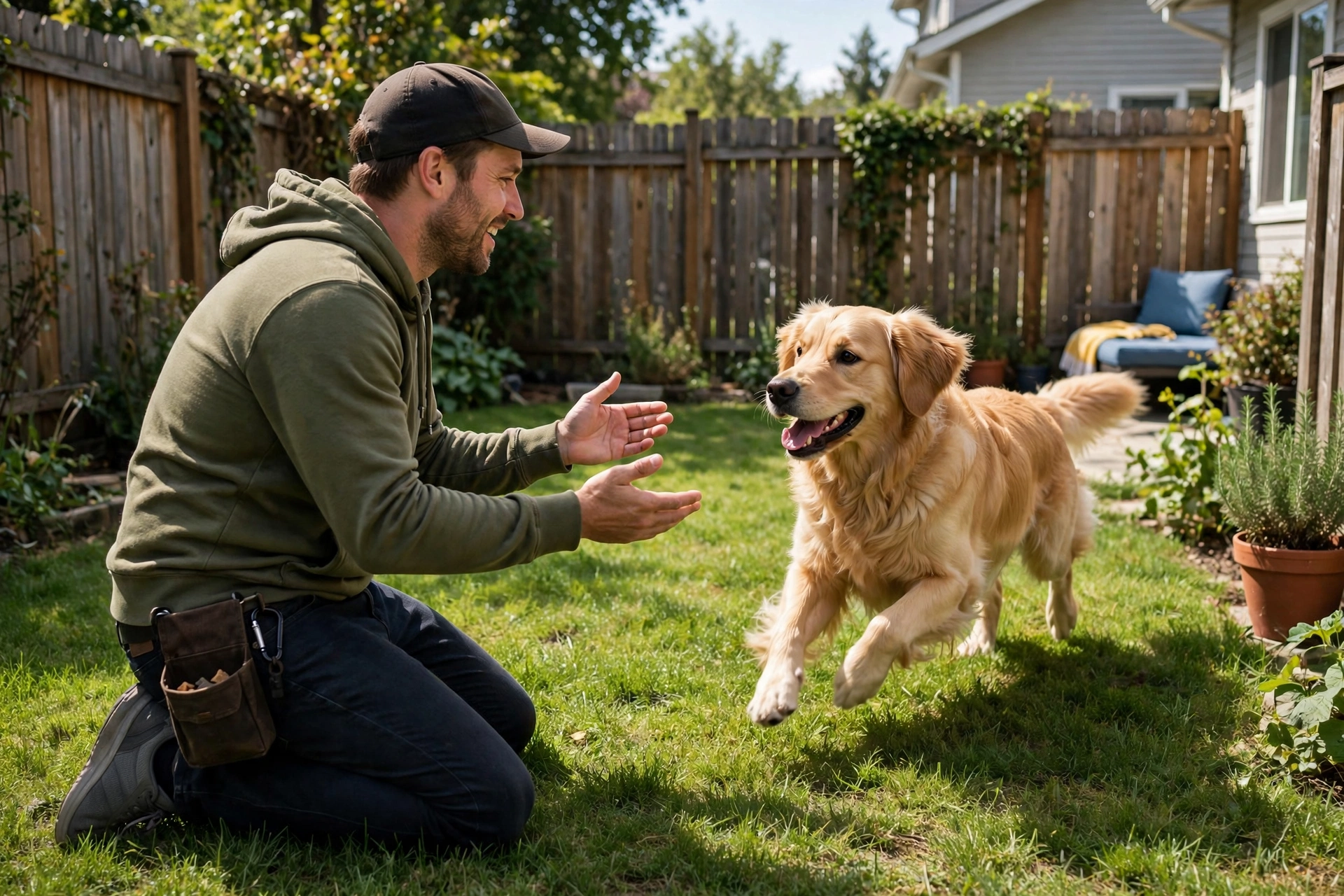 Owner training dog recall in a fenced backyard