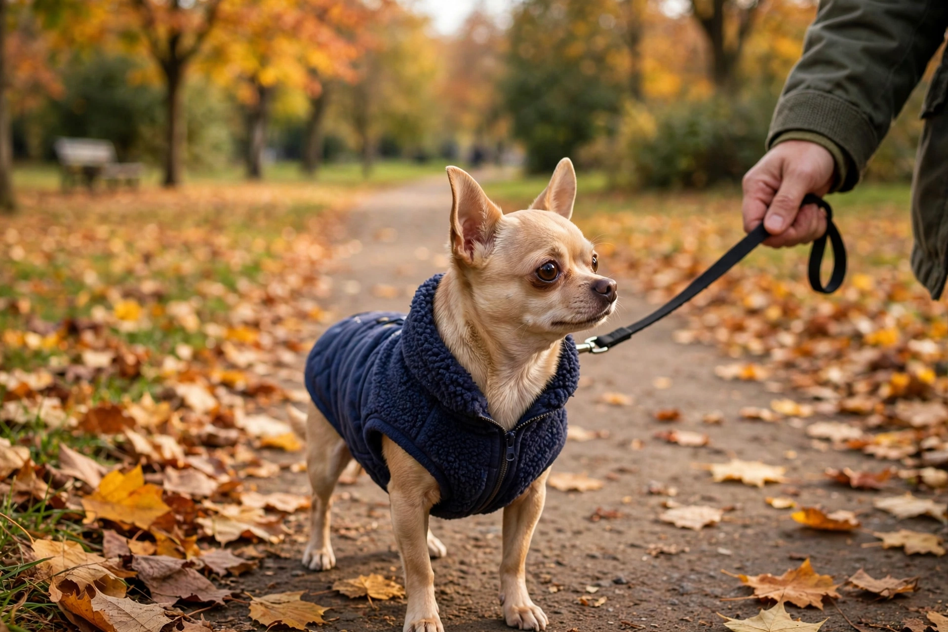 Small dog wearing a Gooby-style fleece vest sweater outdoors