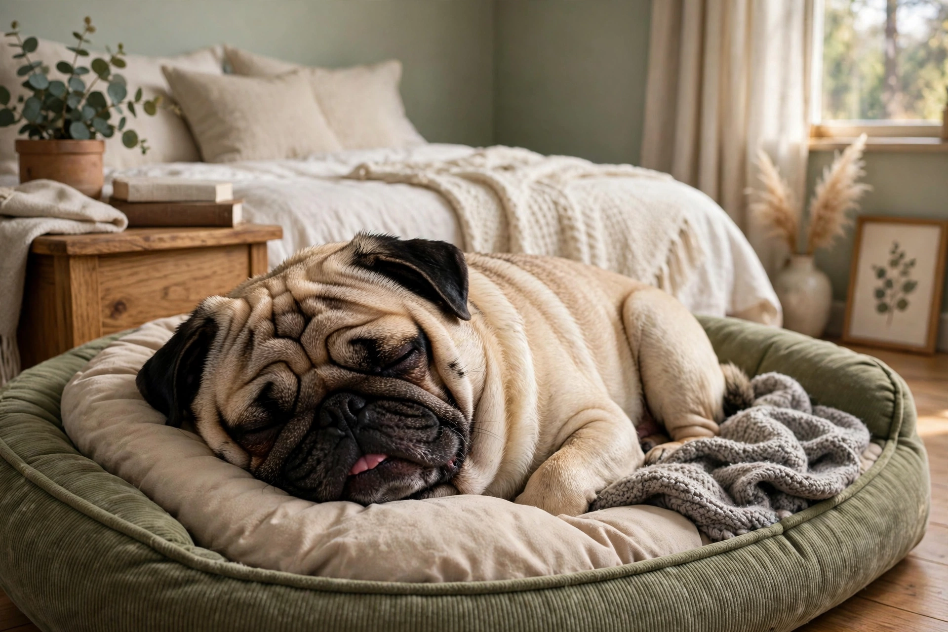 Pug sleeping and snoring on a dog bed
