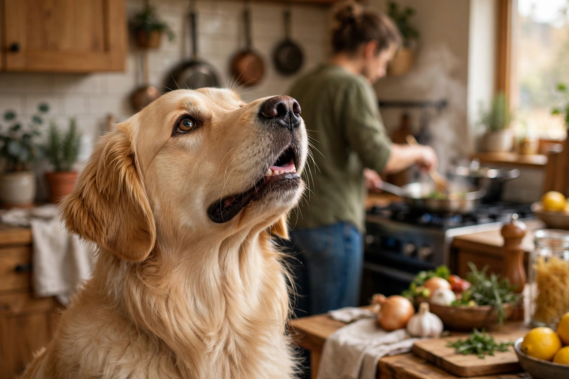 Curious dog sniffing the air while owner cooks in the kitchen