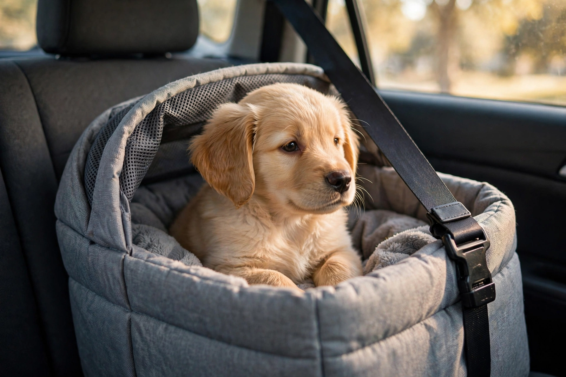 Puppy resting in a soft pet carrier in a car on the way to the vet