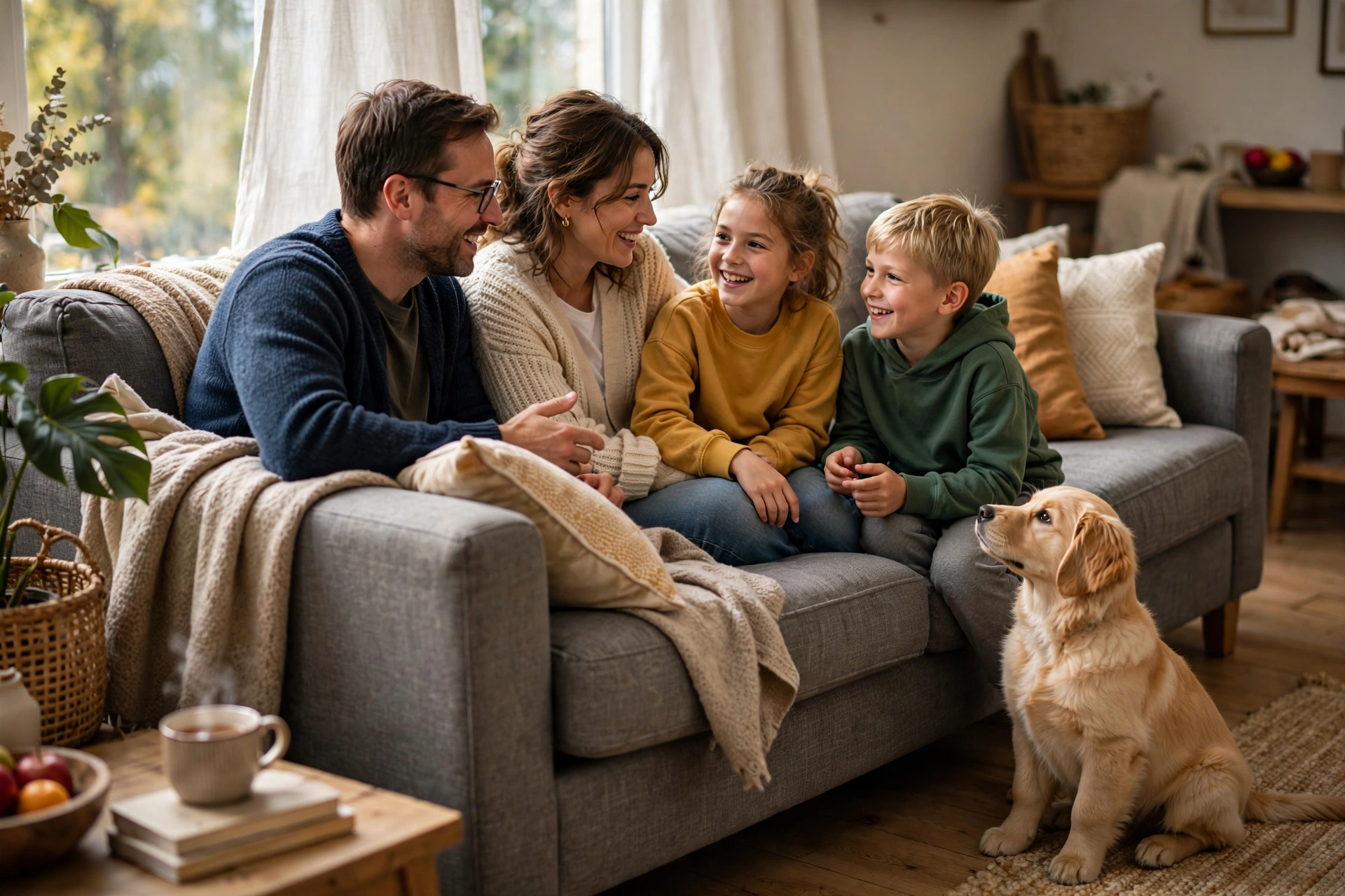 Family agreeing on the no-couch rule while their dog sits politely on the floor