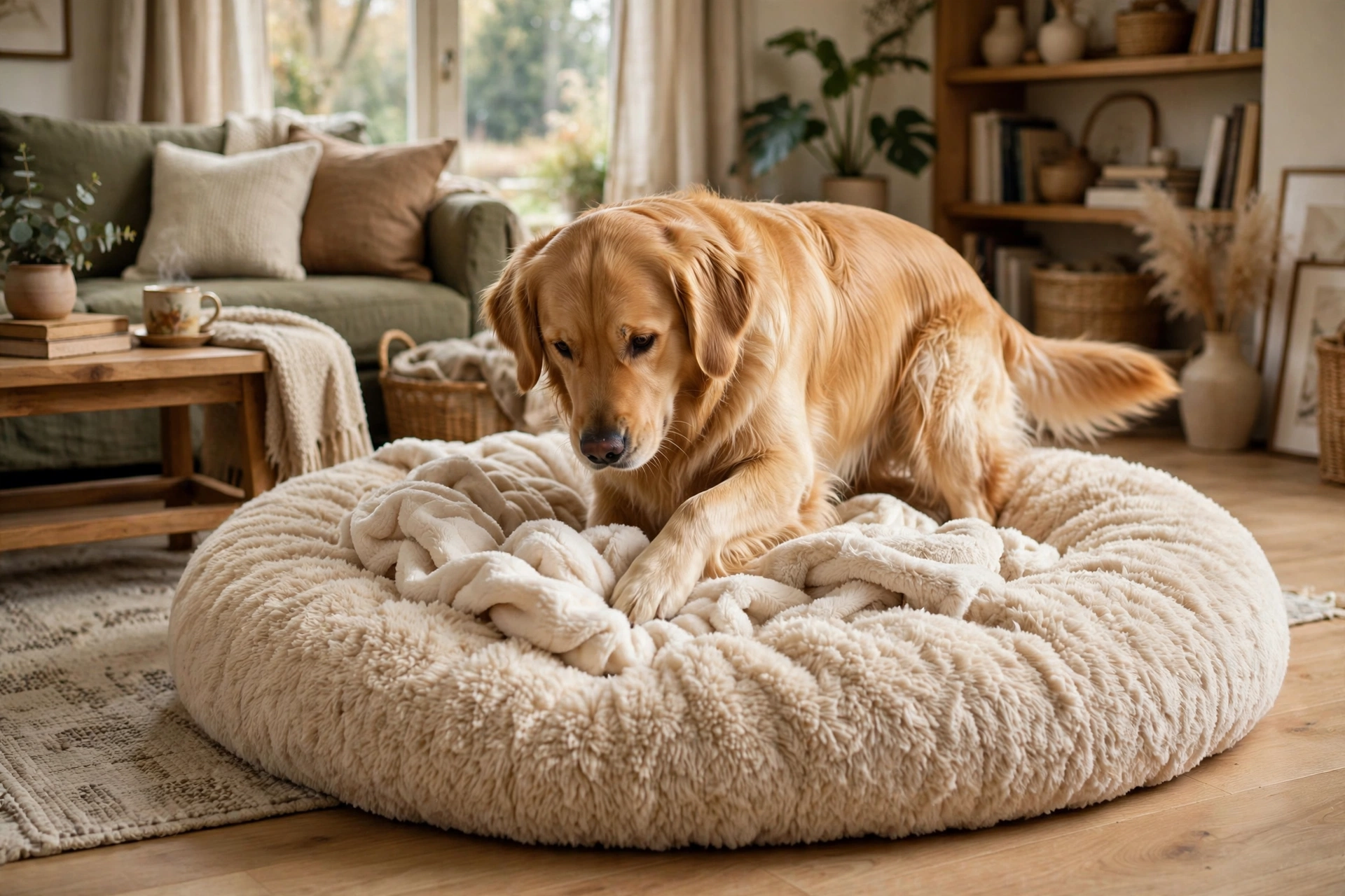 Golden retriever circling on a dog bed to make a nest before sleeping
