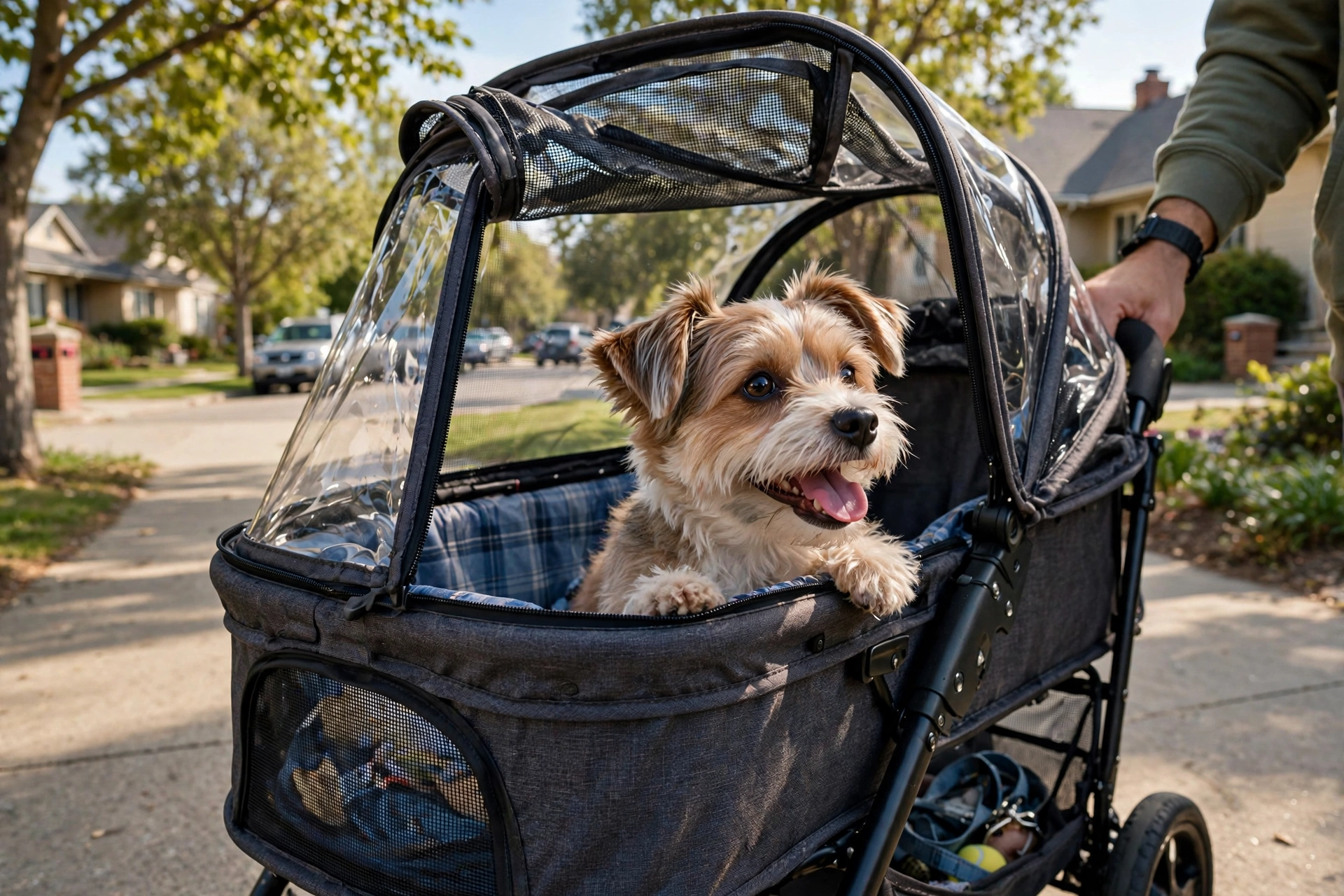Small dog peeking out of a Pet Gear Happy Trails Lite NO-ZIP stroller on a sunny sidewalk
