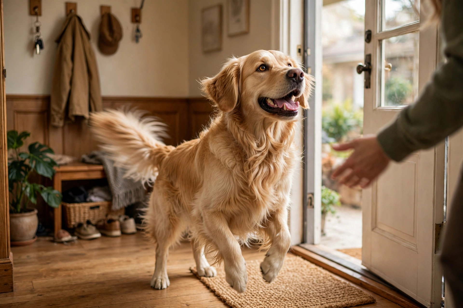 Happy golden retriever with wagging tail doing a whole-body wiggle greeting its owner at the front door