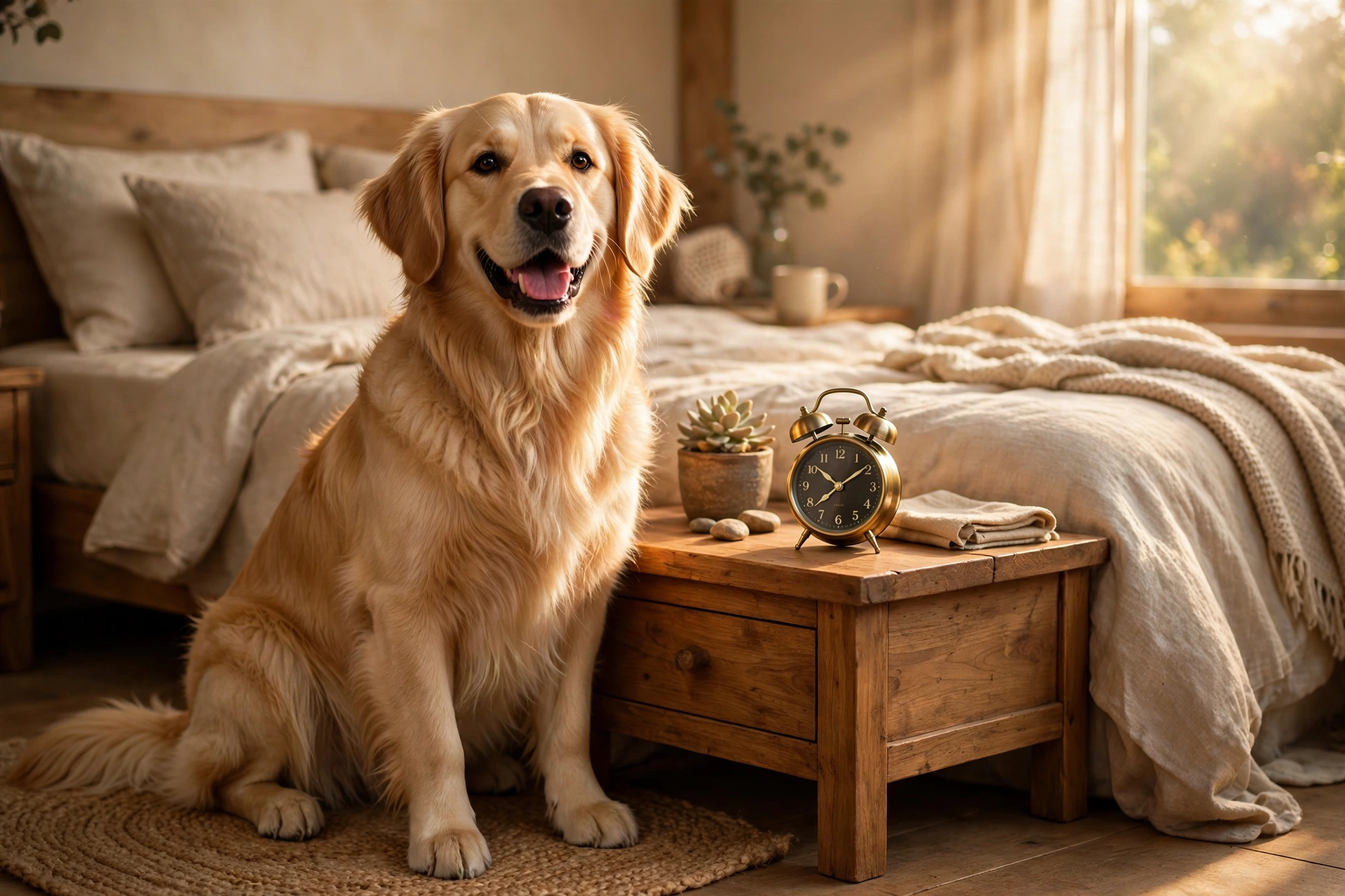 Golden retriever sitting beside an alarm clock in a cozy bedroom, symbolizing a consistent daily routine