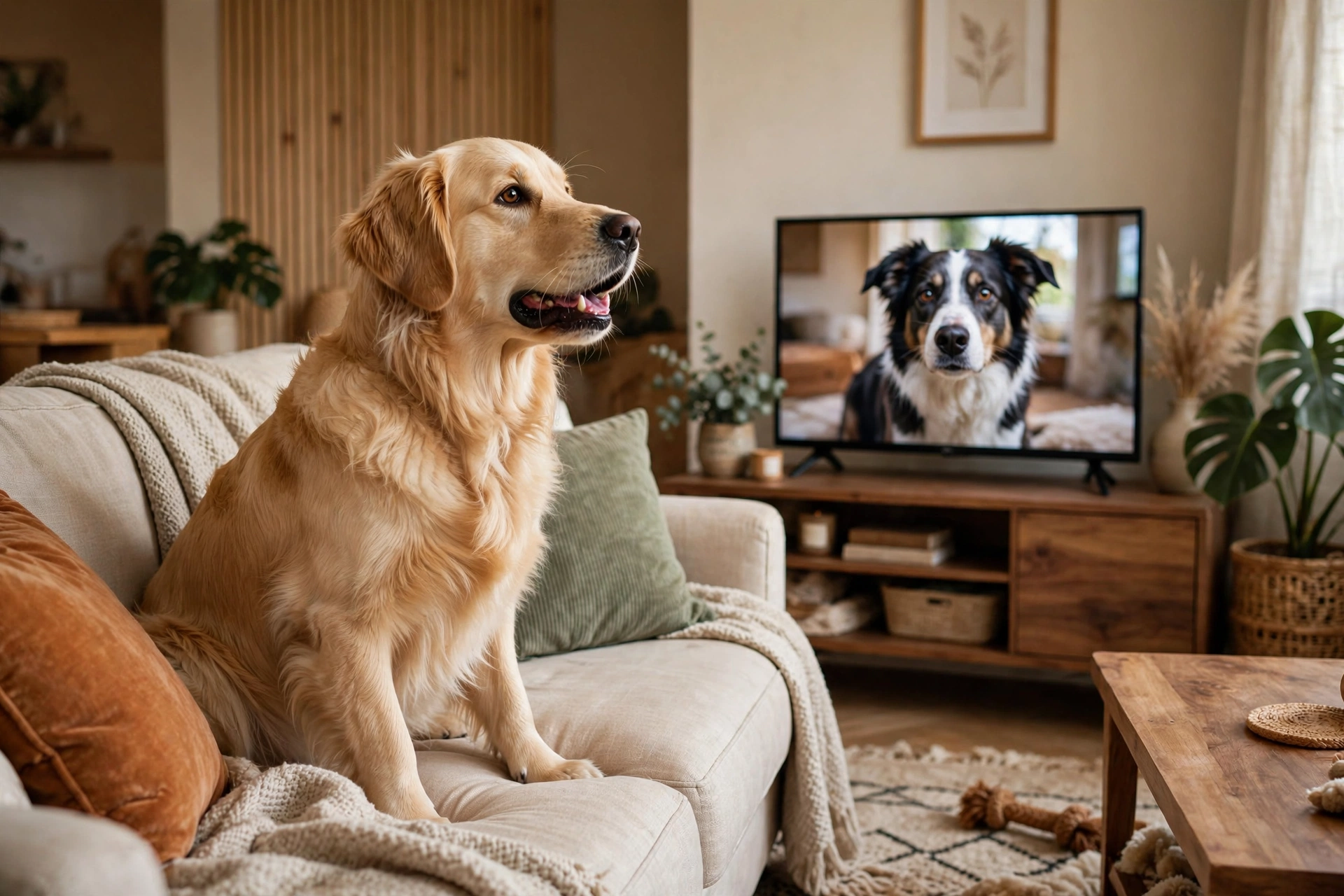 Golden retriever watching a dog on the TV screen