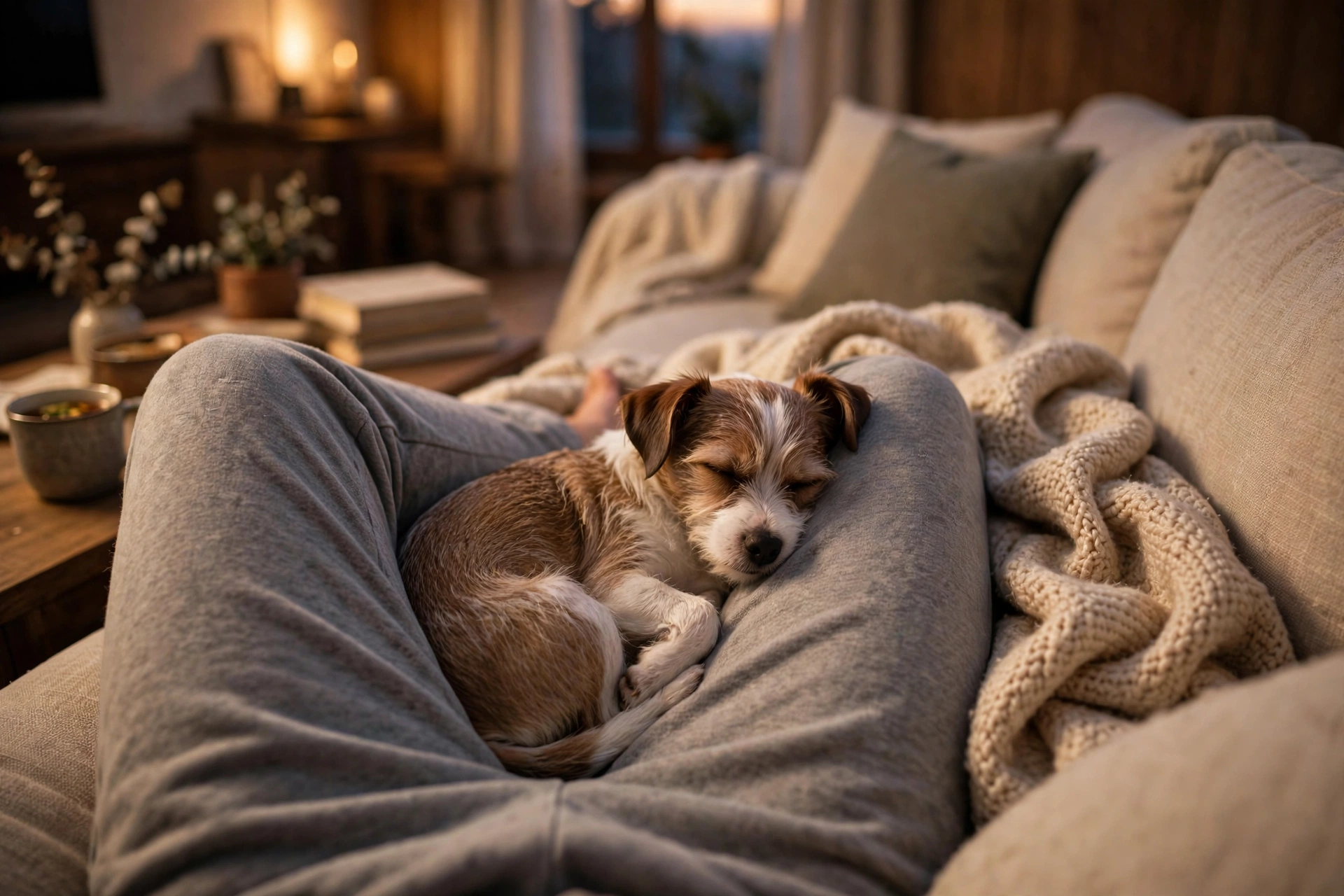 Small dog curled up asleep in the warm space between its owner's legs on a couch