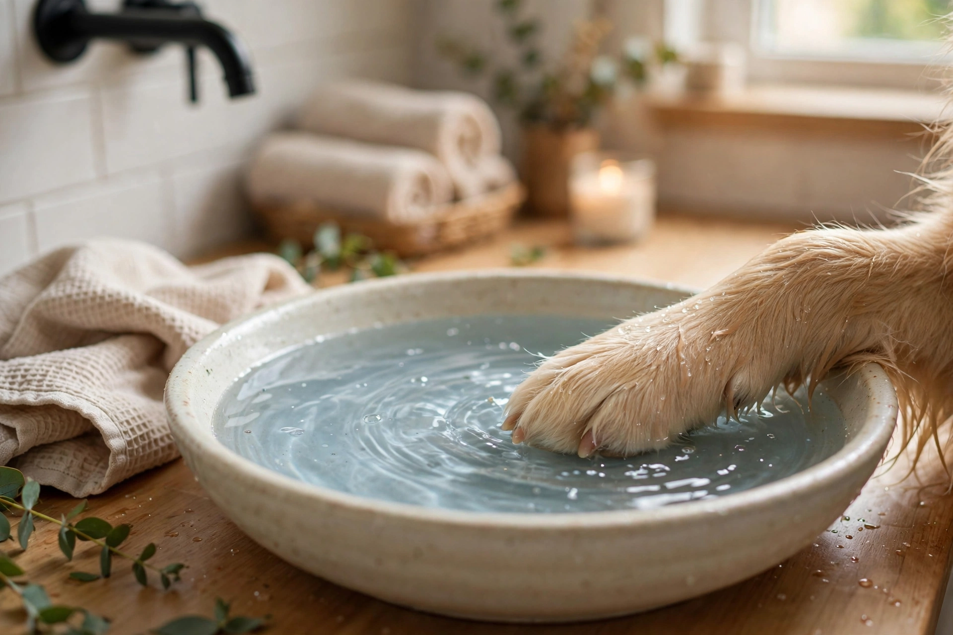 Dog paw soaking in a warm bath
