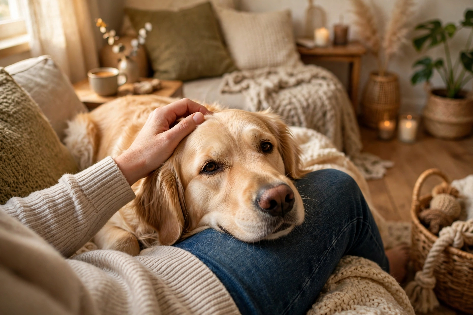 Golden retriever resting its head lovingly on its owner's lap