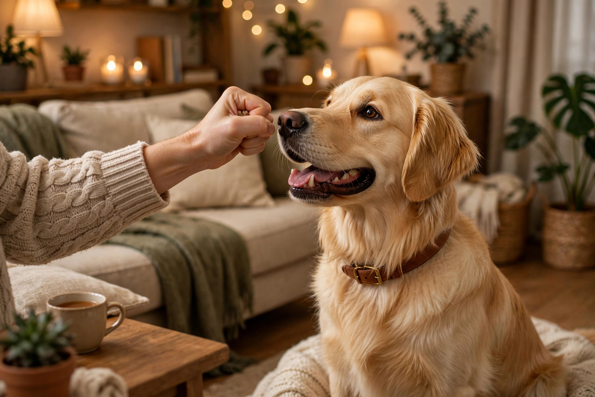 Golden retriever sitting attentively in front of owner during high five training