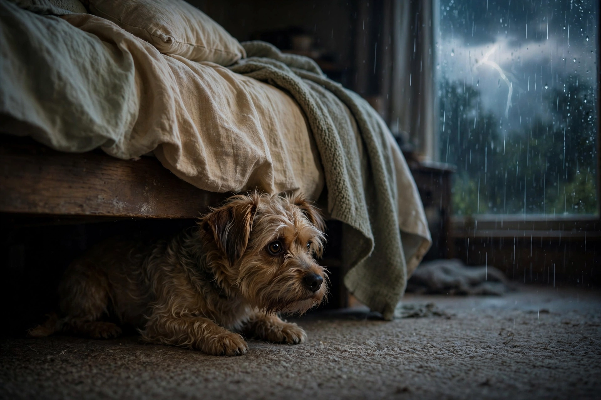 Dog hiding under a bed during a thunderstorm