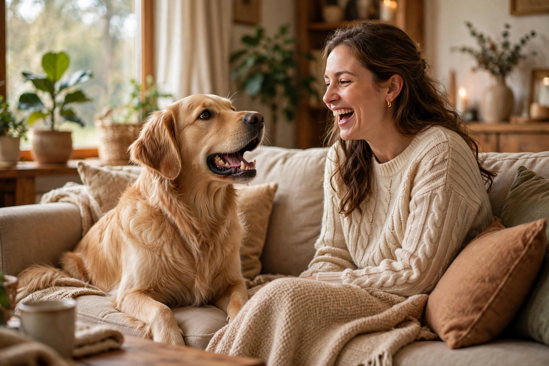 Happy dog grumbling and talking to its owner on the couch