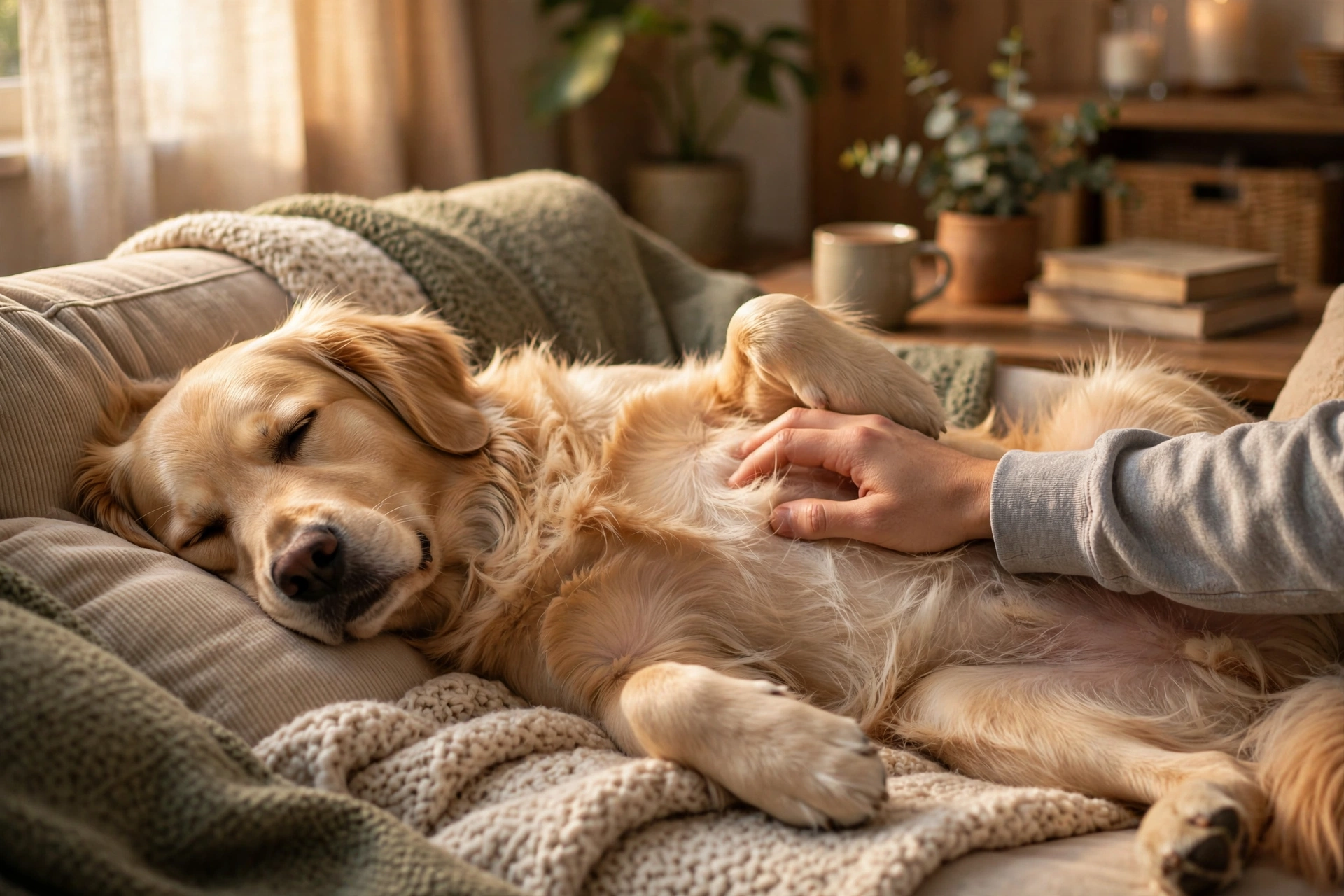 Relaxed dog on a couch being petted by its owner, looking sleepy and content