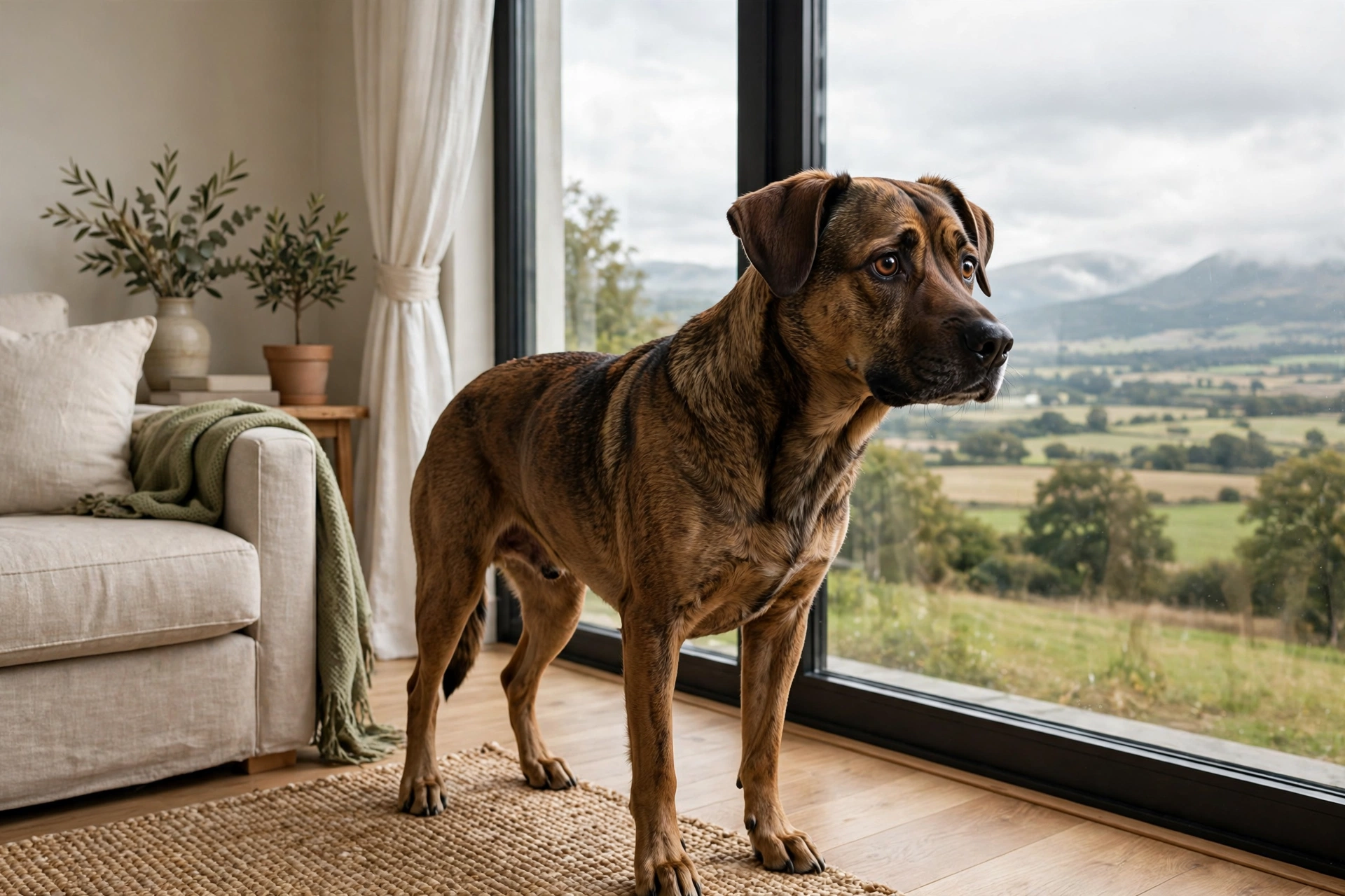 Anxious dog standing by a window in a living room
