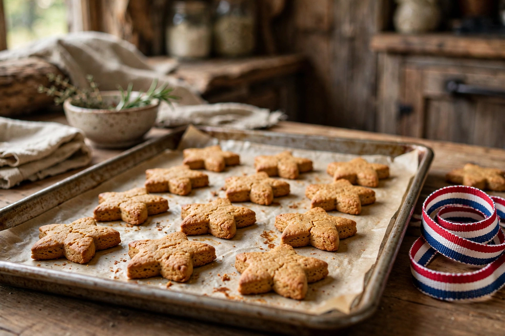 Star-shaped peanut butter dog biscuits cooling on parchment paper