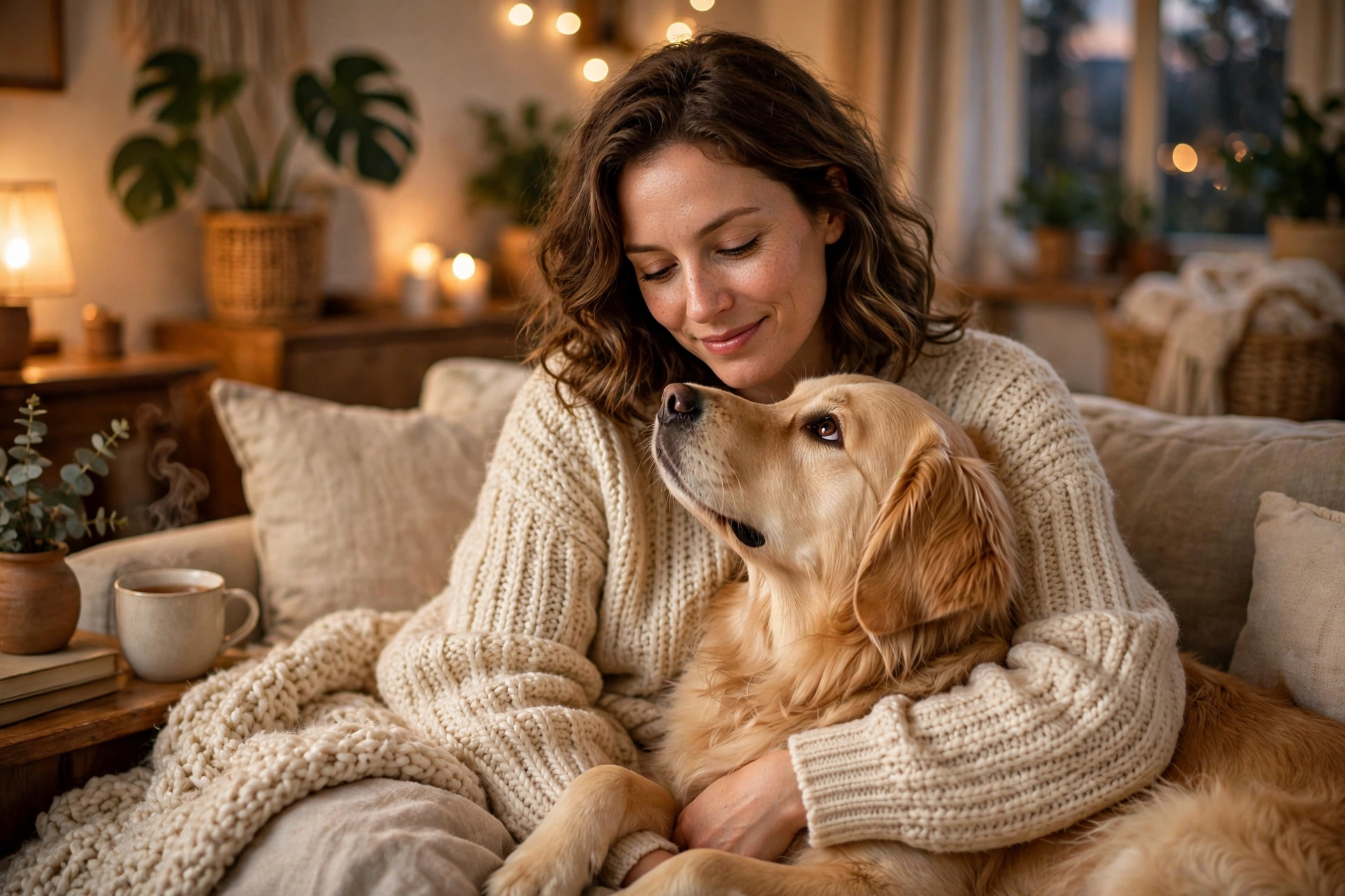 Dog cuddled closely with its favorite person on the couch