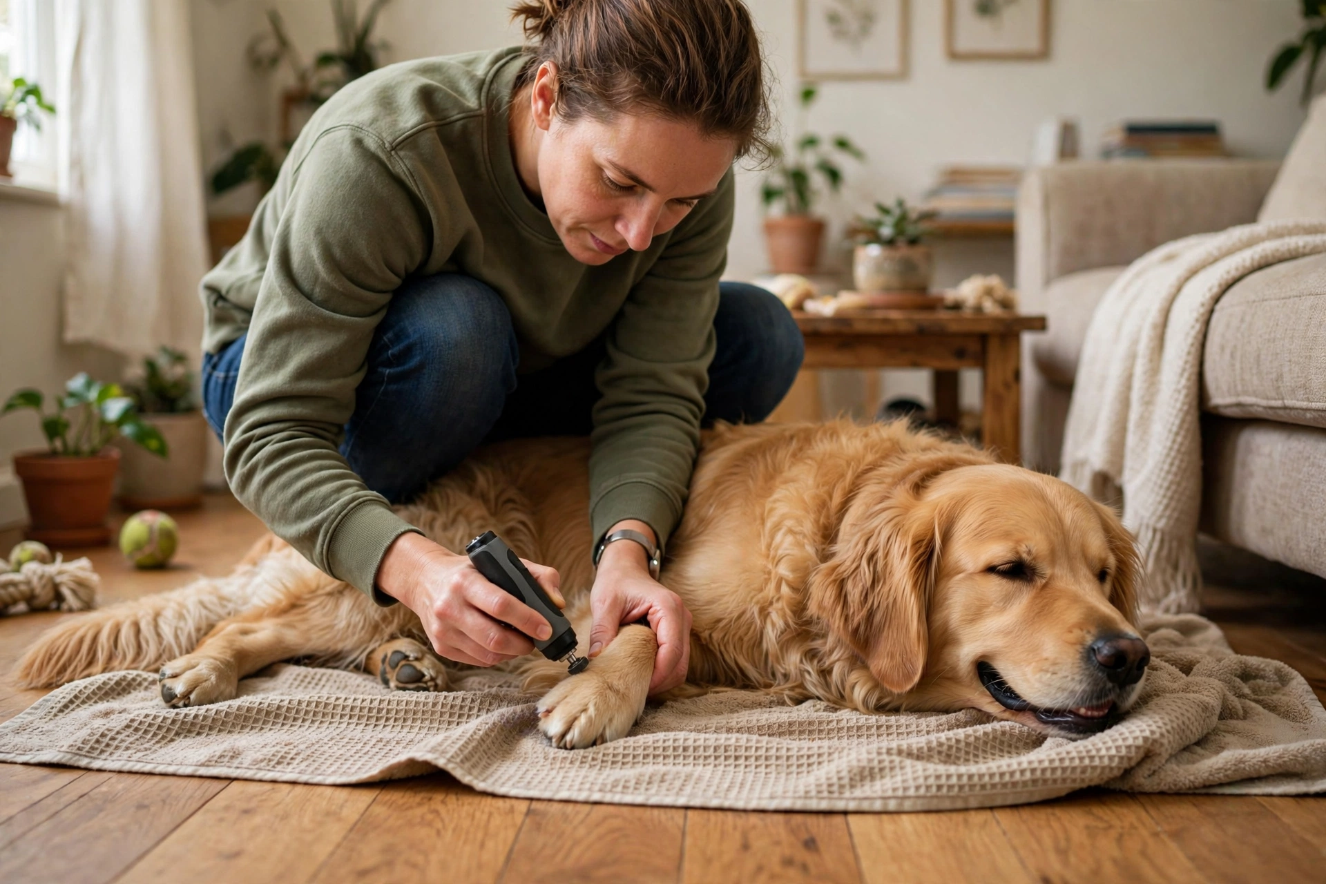 Owner trimming a golden retriever's nails with a rotary nail grinder on a hardwood floor