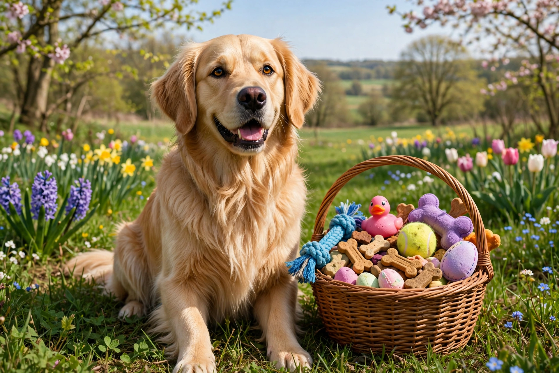 Golden retriever next to an easter basket filled with dog toys and treats