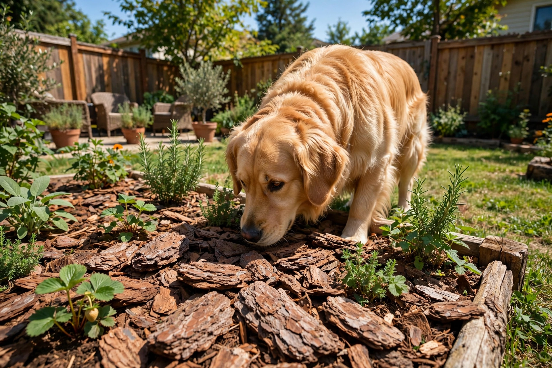 Dog in a garden bed with large pine bark mulch nuggets