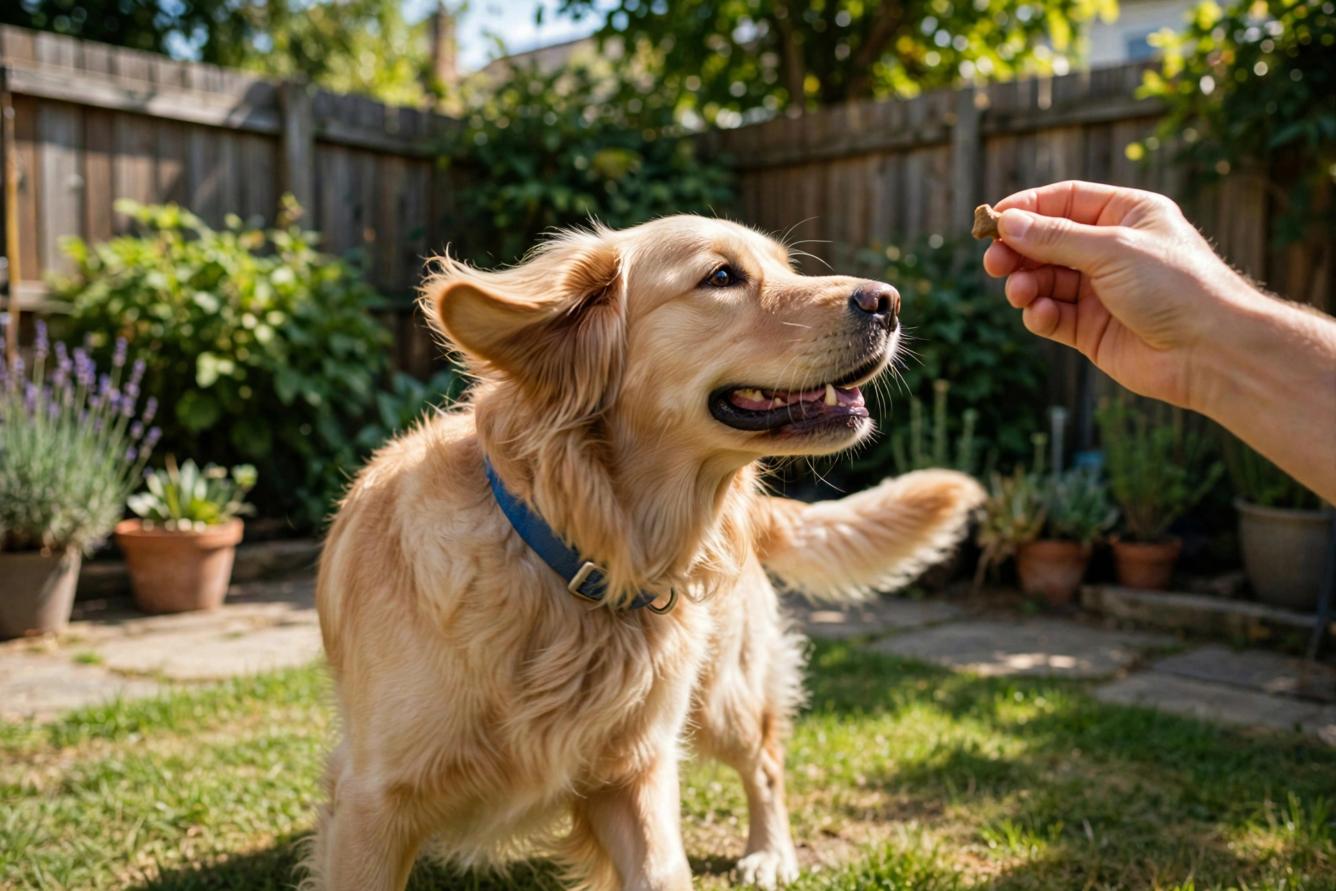Dog turning its nose to the side following a treat lure, first step of teaching spin