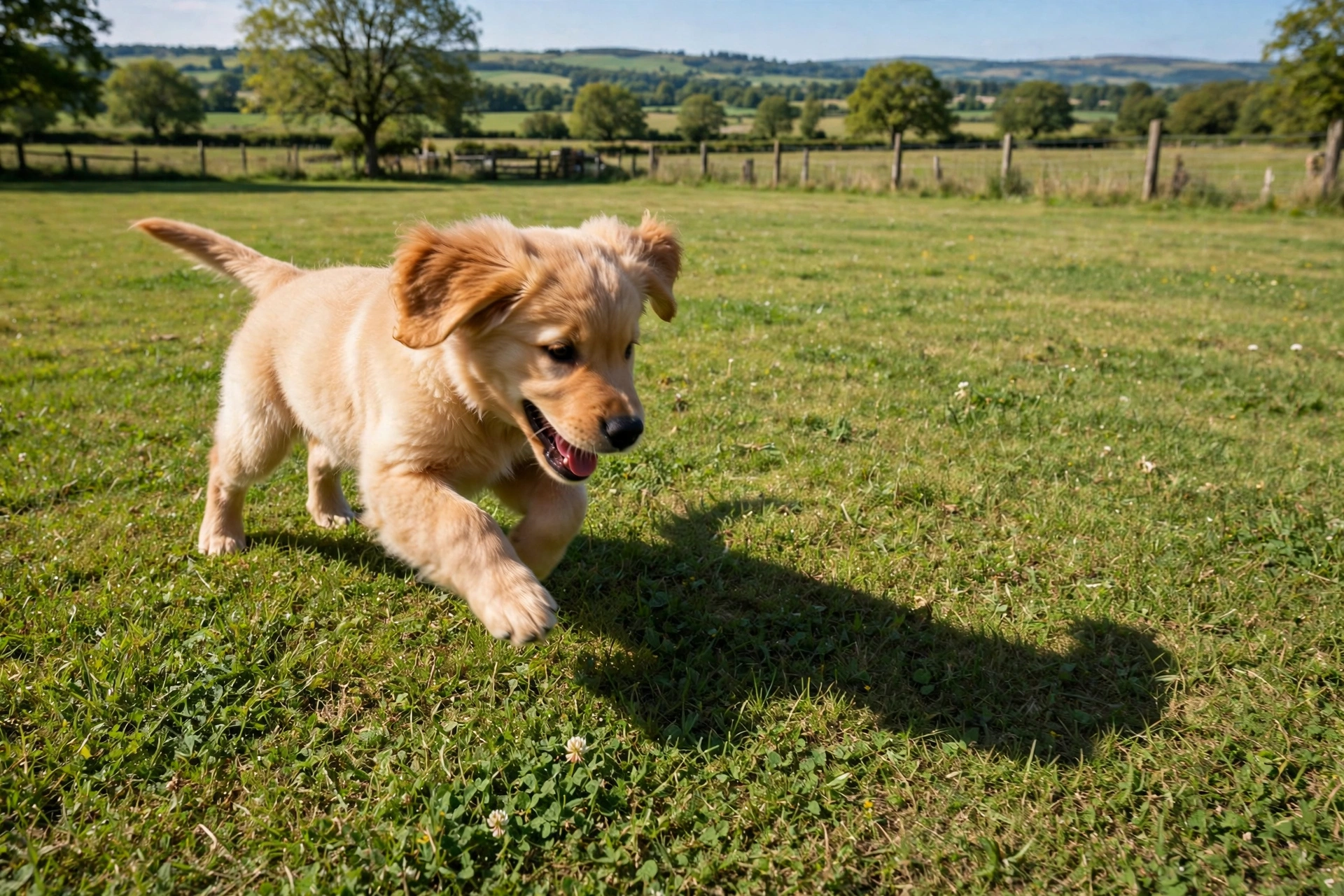 Happy puppy playfully chasing its shadow across a sunny lawn