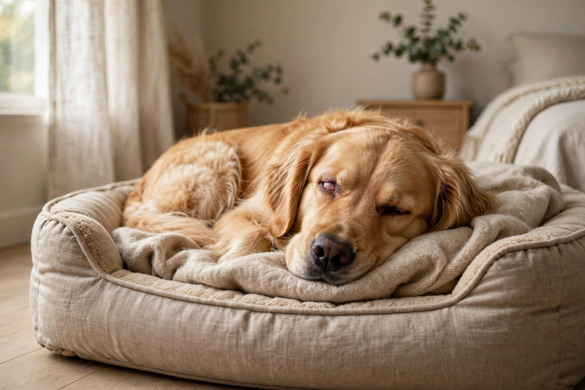 Golden retriever sleeping with pale third eyelid membrane visible across half-open eye