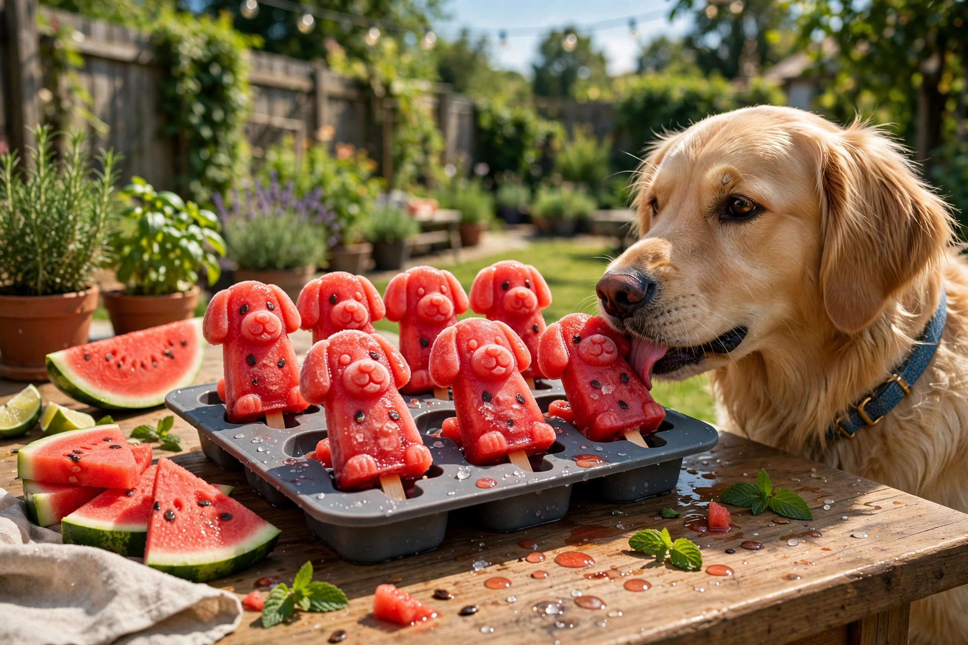 Watermelon dog popsicles in a silicone mold with a golden retriever licking one