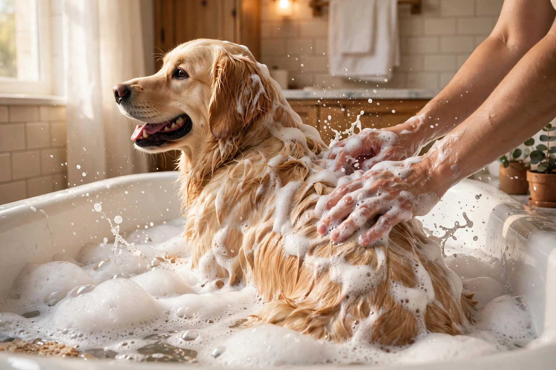 Dog being bathed with lather in a bathtub during a proper bath