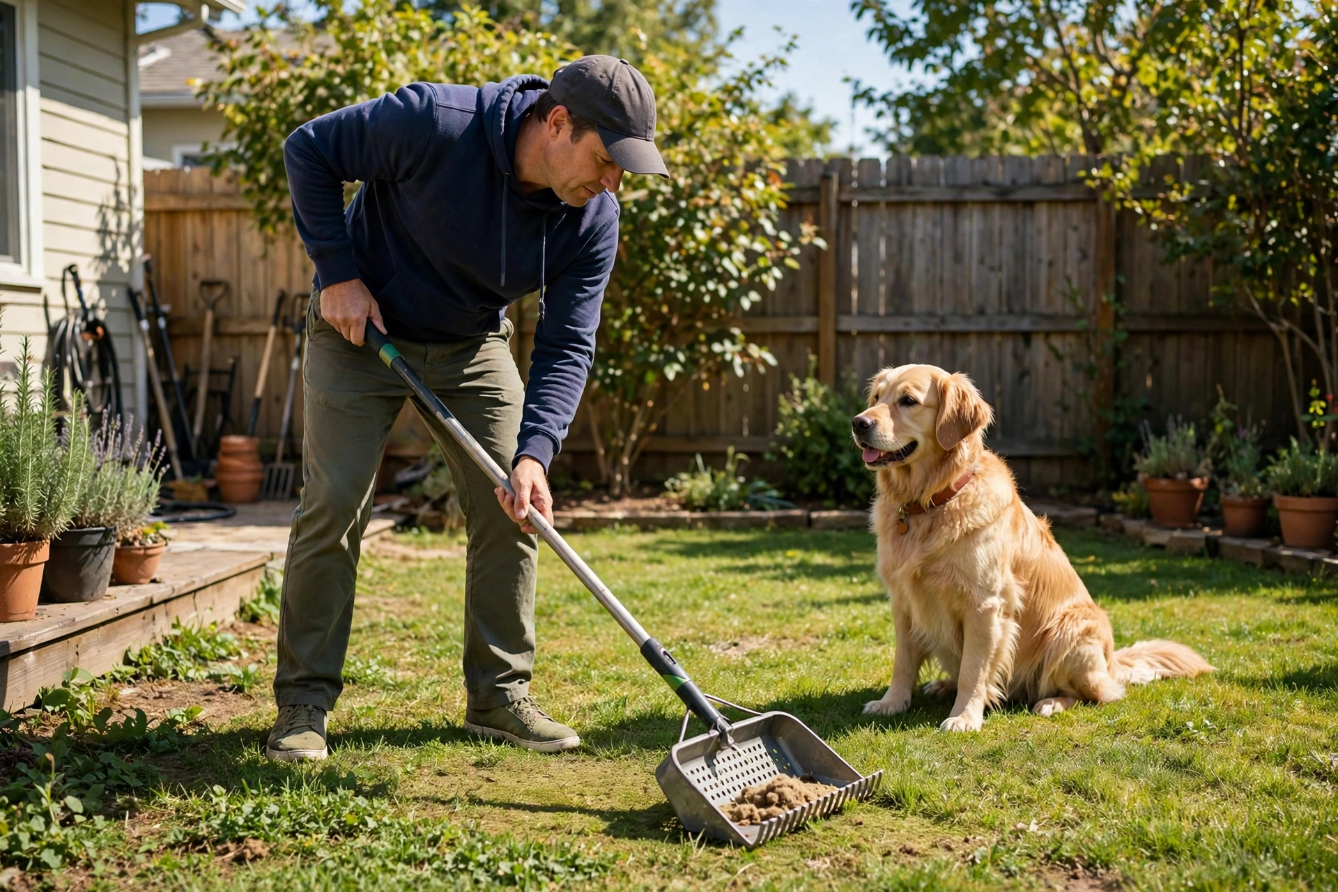 Owner cleaning the yard with a long-handled pooper scooper