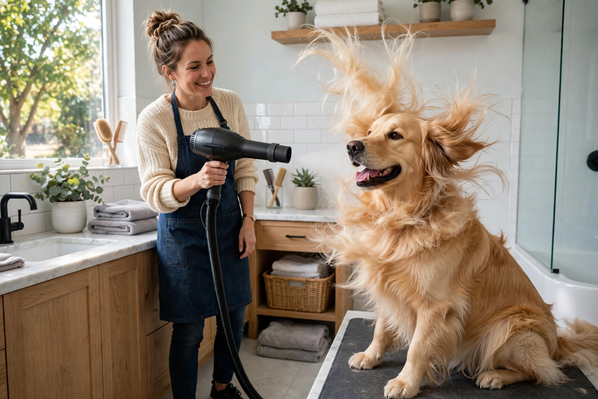 Golden retriever being blow-dried with a high-velocity pet dryer after a bath