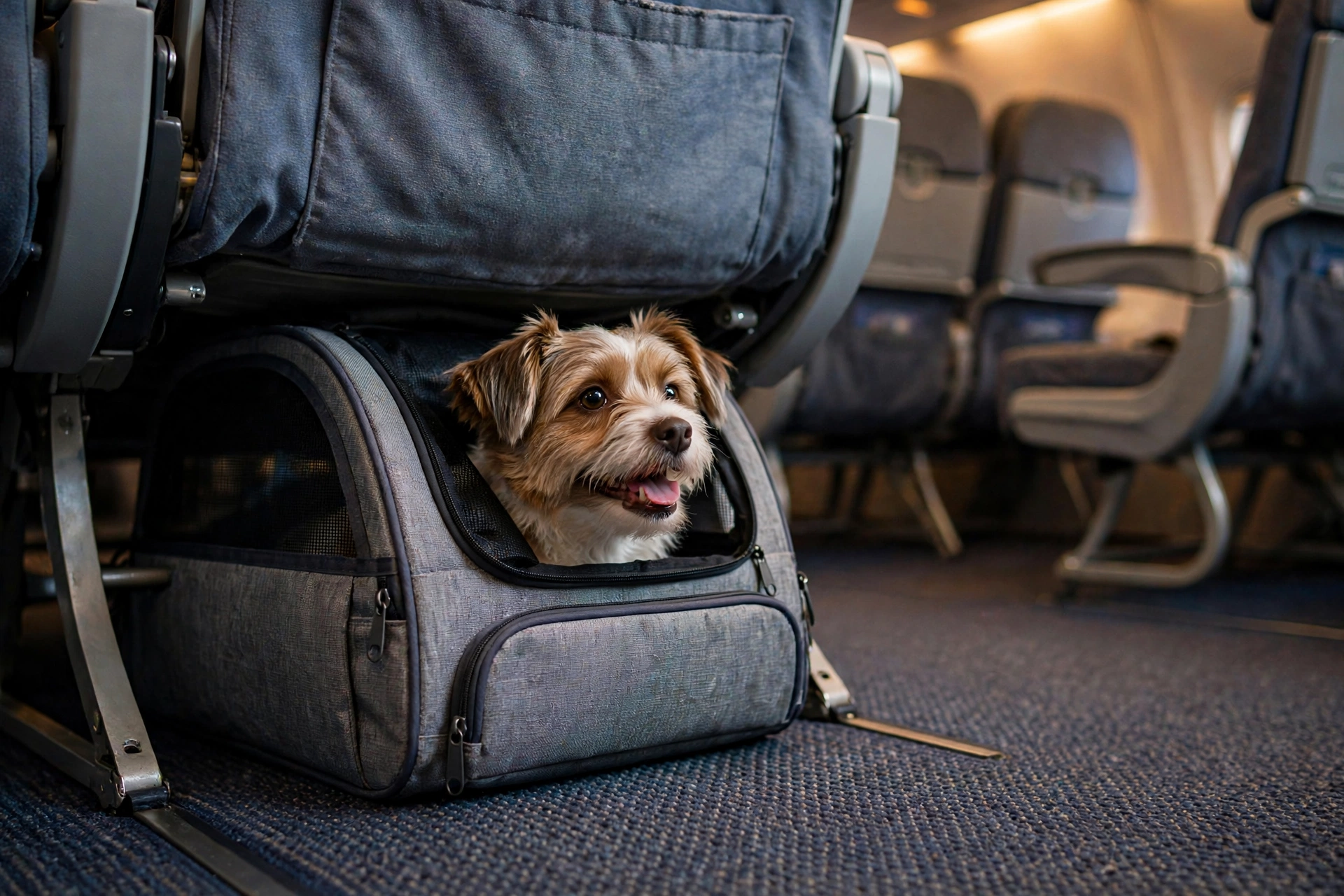 Small dog in a soft airline-approved carrier tucked under an airplane seat