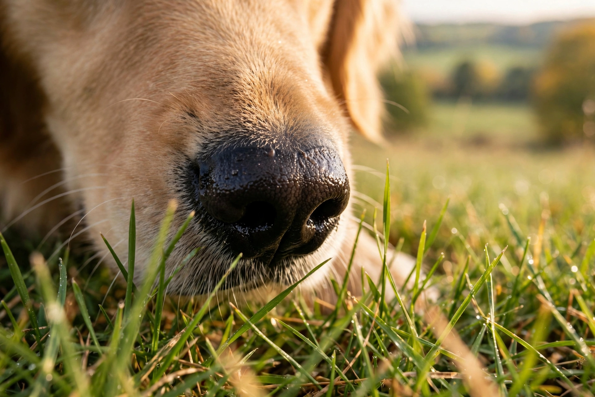 Close-up of a golden retriever's nose sniffing blades of grass
