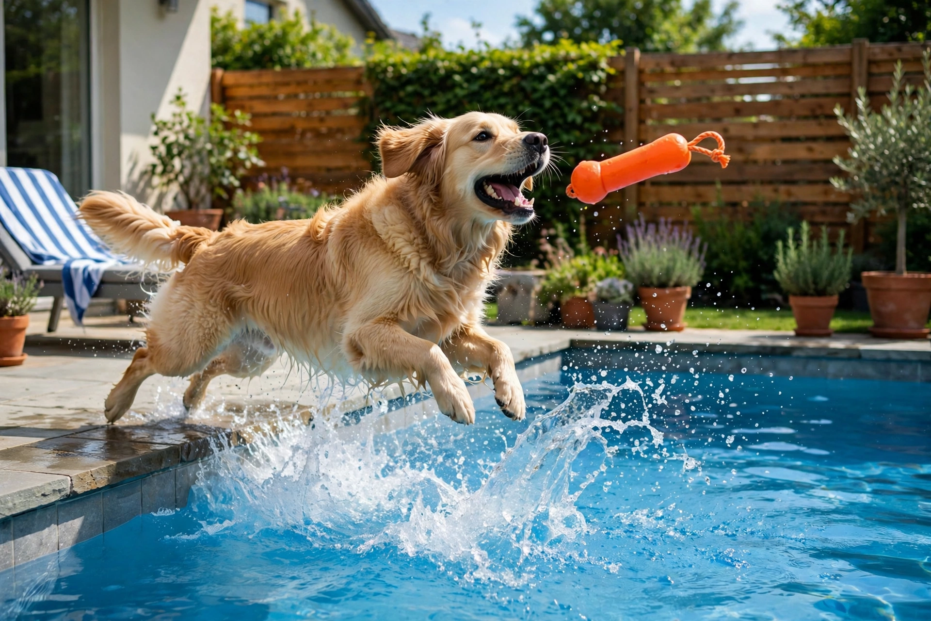 Golden retriever leaping into a pool to catch an orange Chuckit! Amphibious Bumper fetch toy
