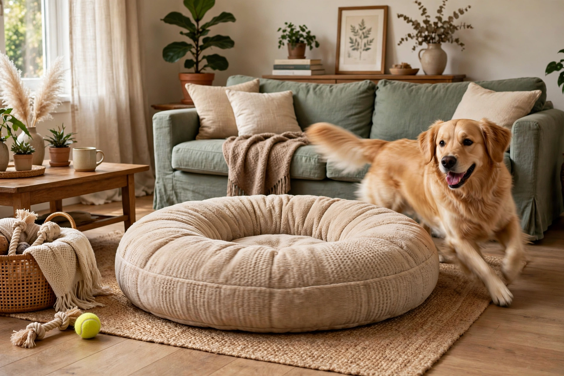 Golden retriever circling its donut-shaped dog bed before lying down