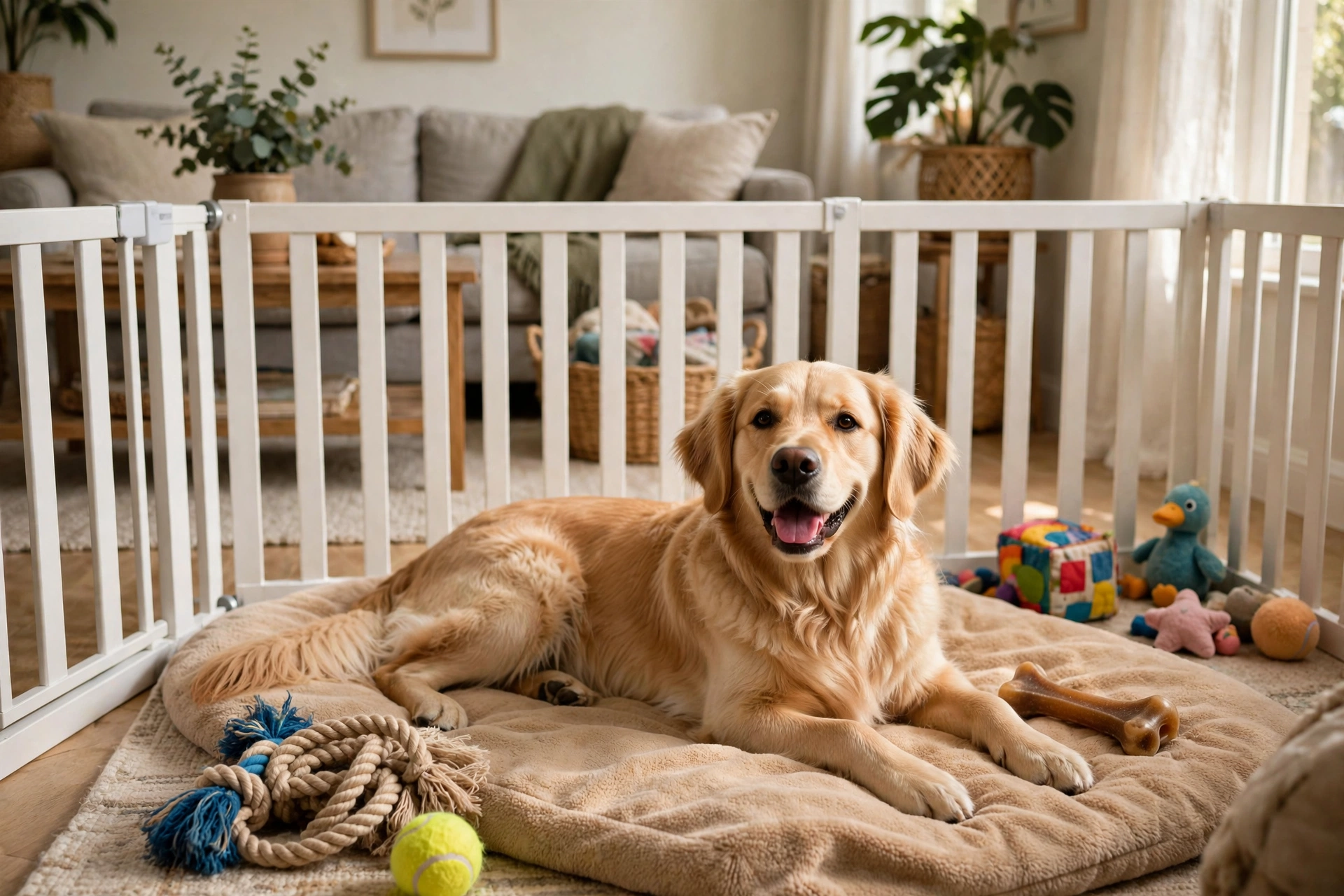 Dog relaxing in a fenced play area with his own toys while cat toys stay separate