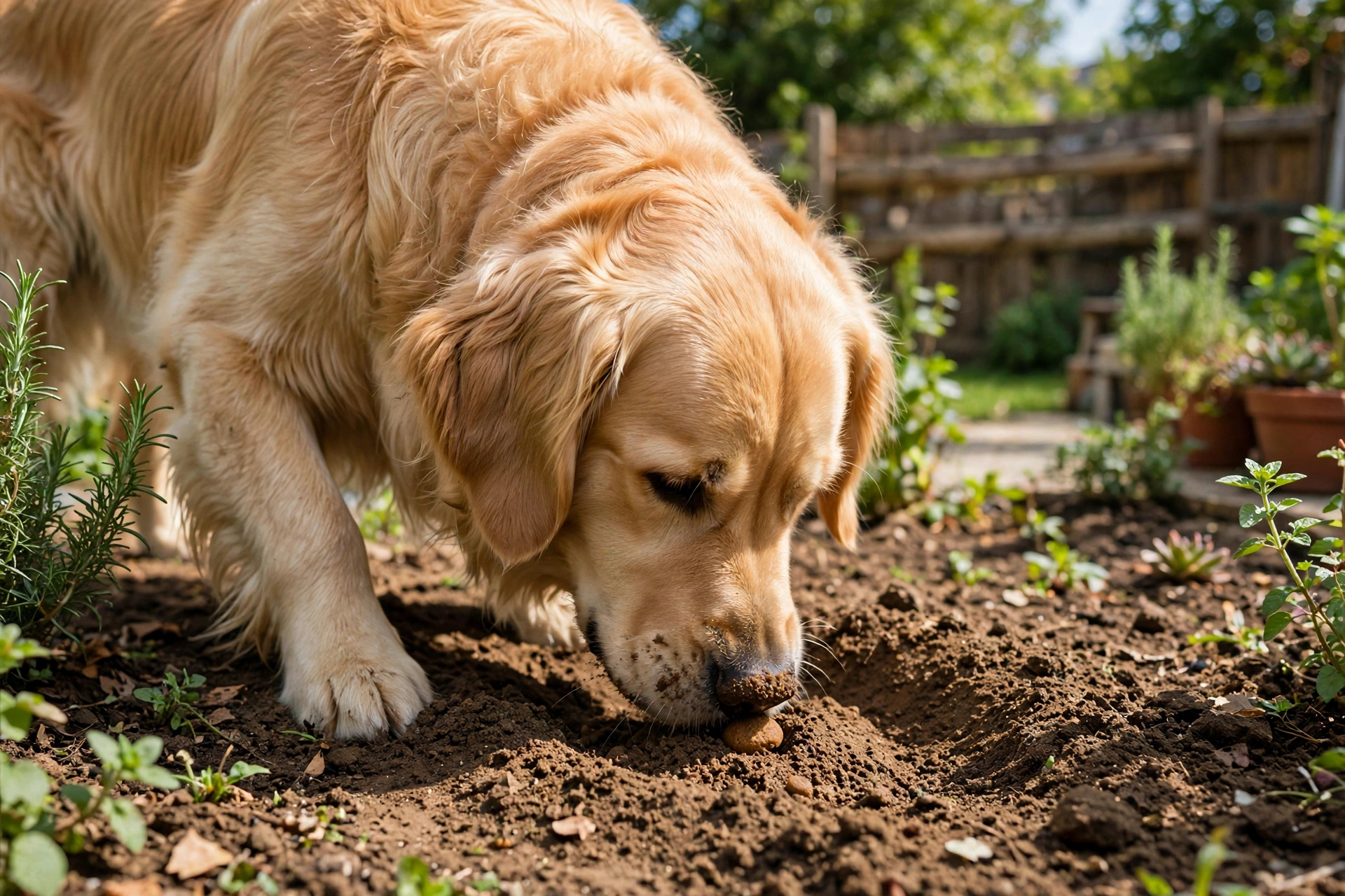 Golden retriever burying dog food in garden soil, caching instinct