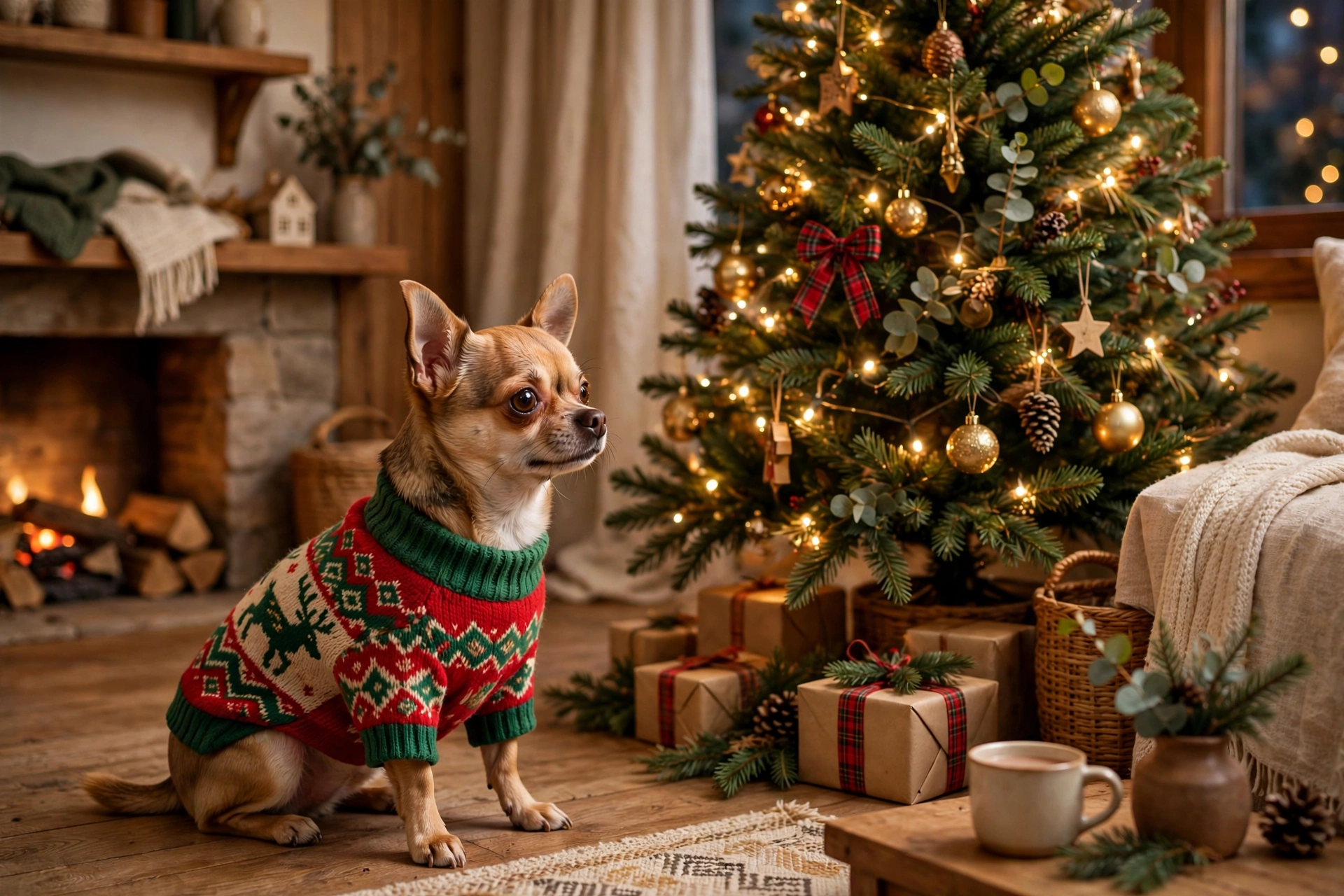 Small chihuahua in a red and green Blueberry Pet Christmas sweater by a Christmas tree