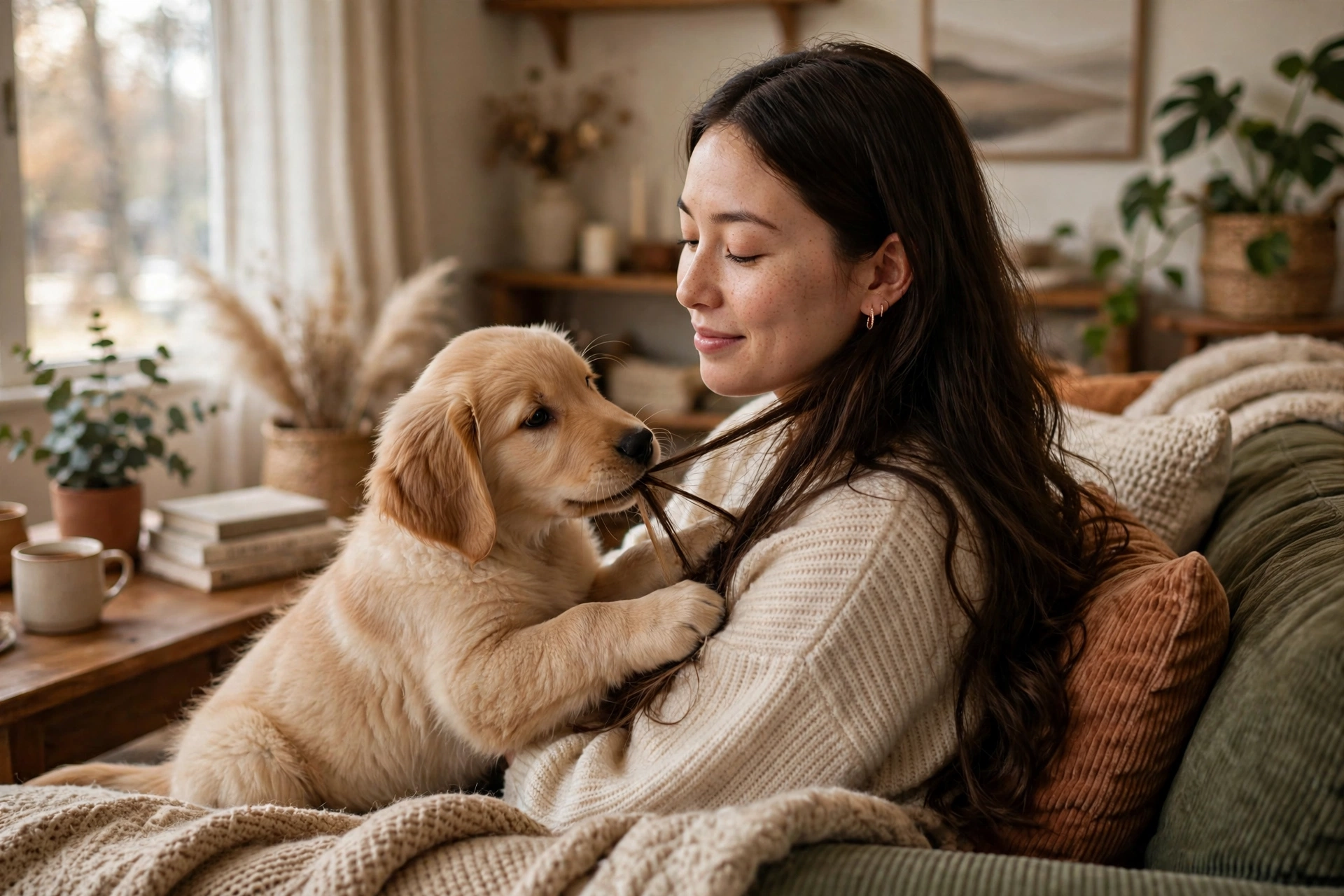 Golden retriever puppy gently nibbling its owner's hair like grooming a pack member
